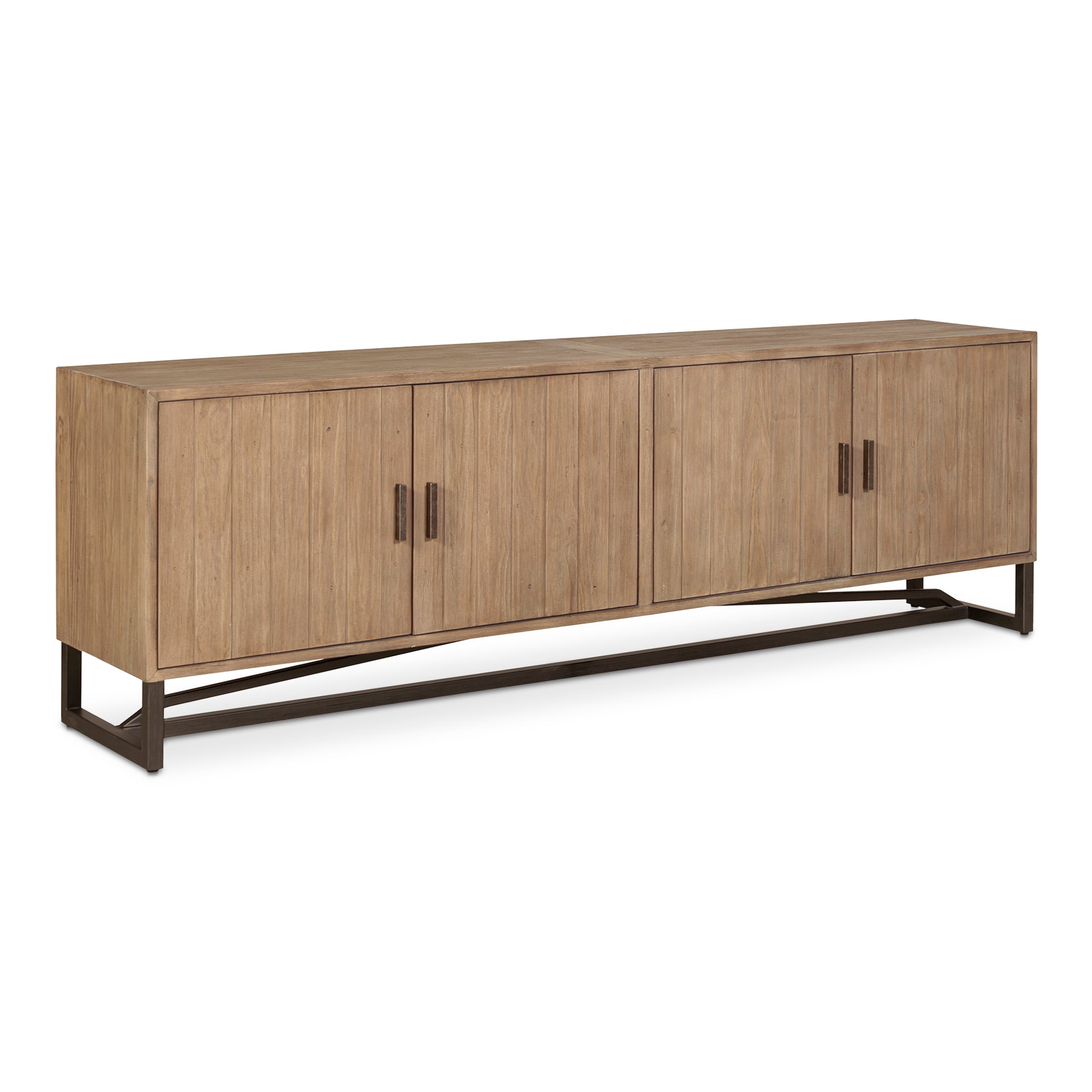 Camille Media Unit, Reclaimed Pine with Stainless Steel Base, Rustic Modern Design, Natural Finish