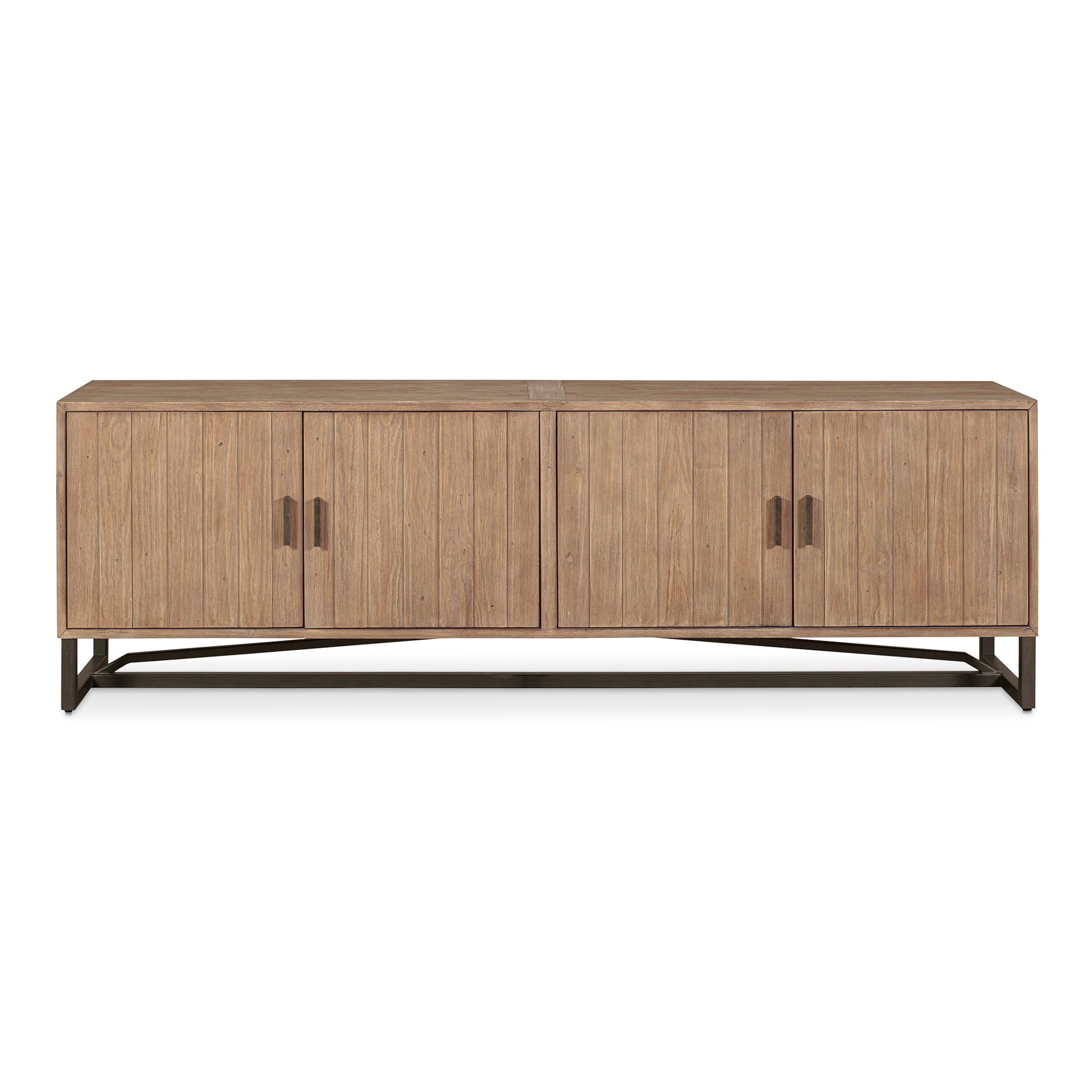 Camille Media Unit, Reclaimed Pine with Stainless Steel Base, Rustic Modern Design, Natural Finish