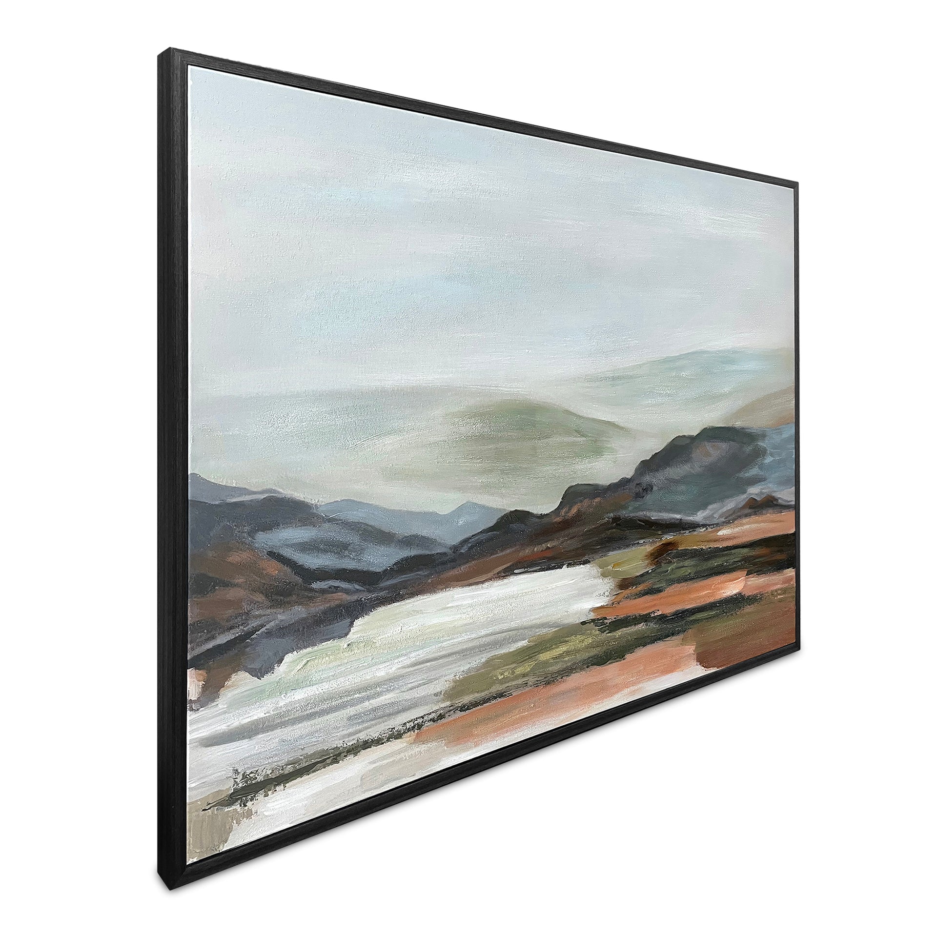 Mariselle Framed Painting, Textured Landscape Canvas with Pine Wood Frame, Cool-Toned Multicolor, Rustic Style
