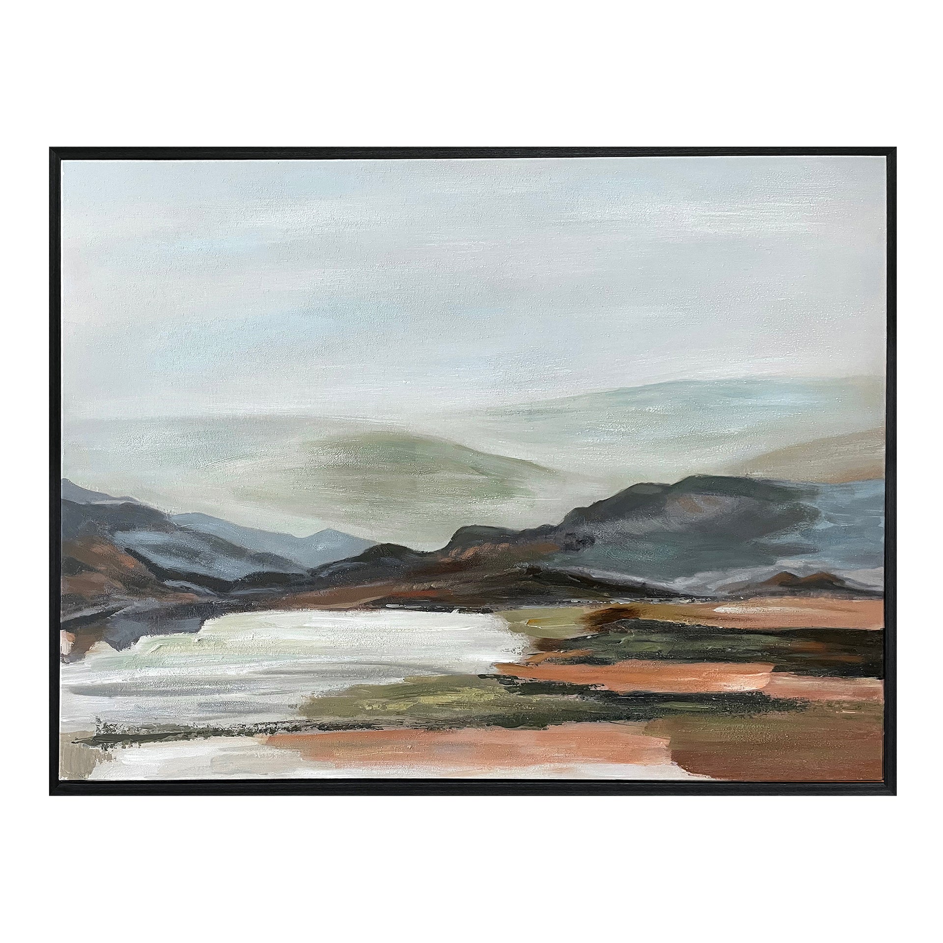 Mariselle Framed Painting, Textured Landscape Canvas with Pine Wood Frame, Cool-Toned Multicolor, Rustic Style