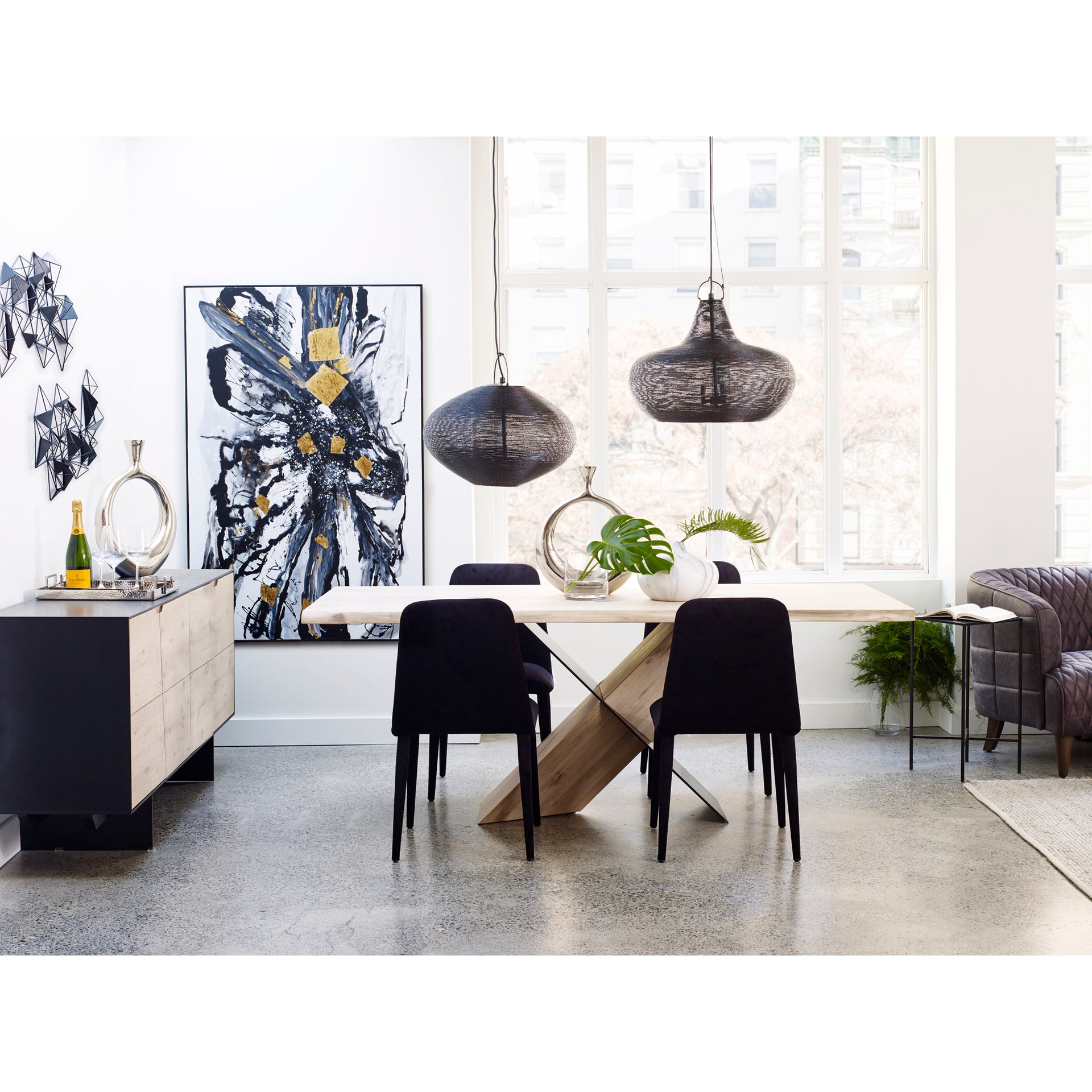 Calder - Solid Oak with Laminated Top and Metal Base Rectangular Dining Table Seats 6, Natural