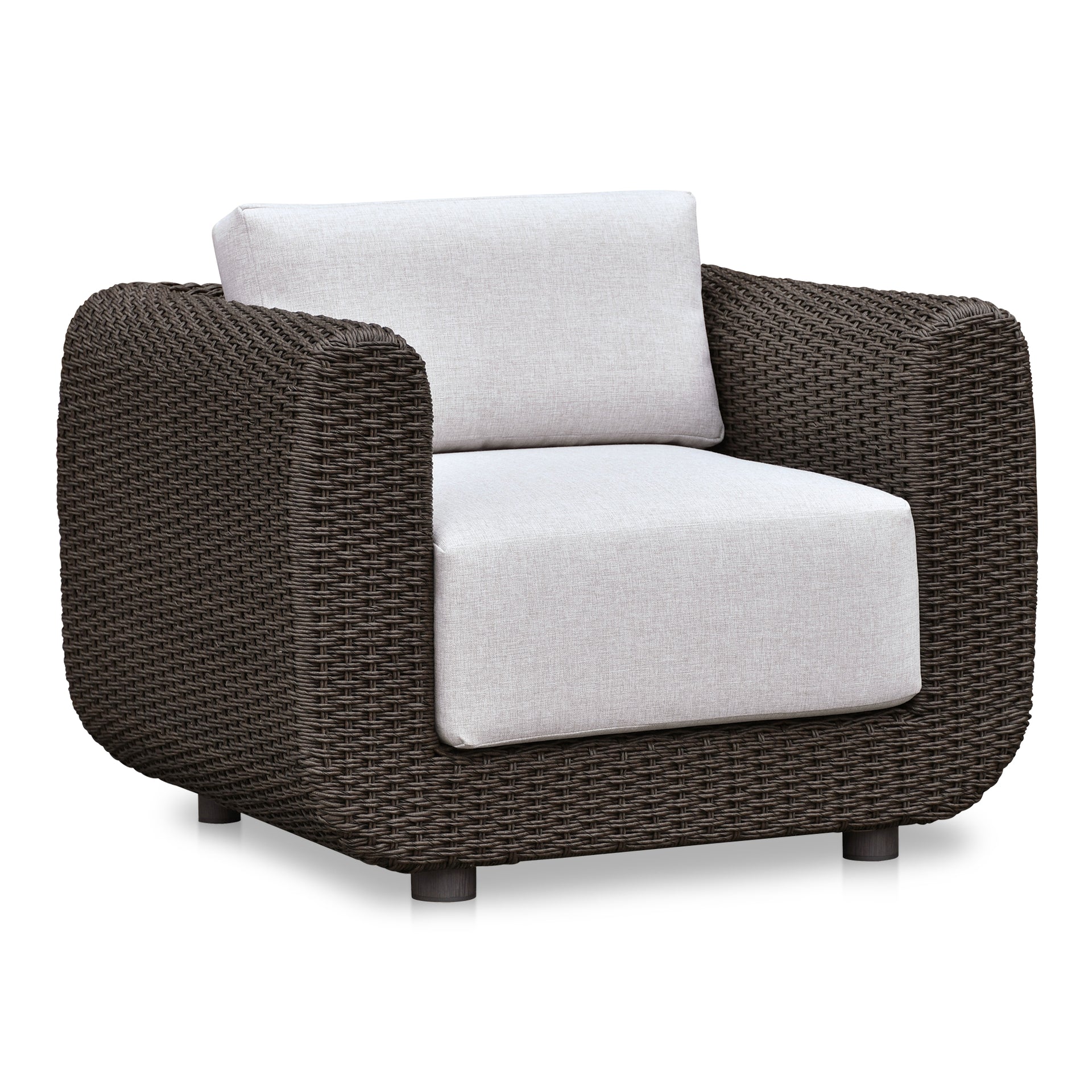 Salem Outdoor Accent Chair, Dark Brown PE Wicker, Olefin Sunproof Cushions, Quick-Dry Foam, White