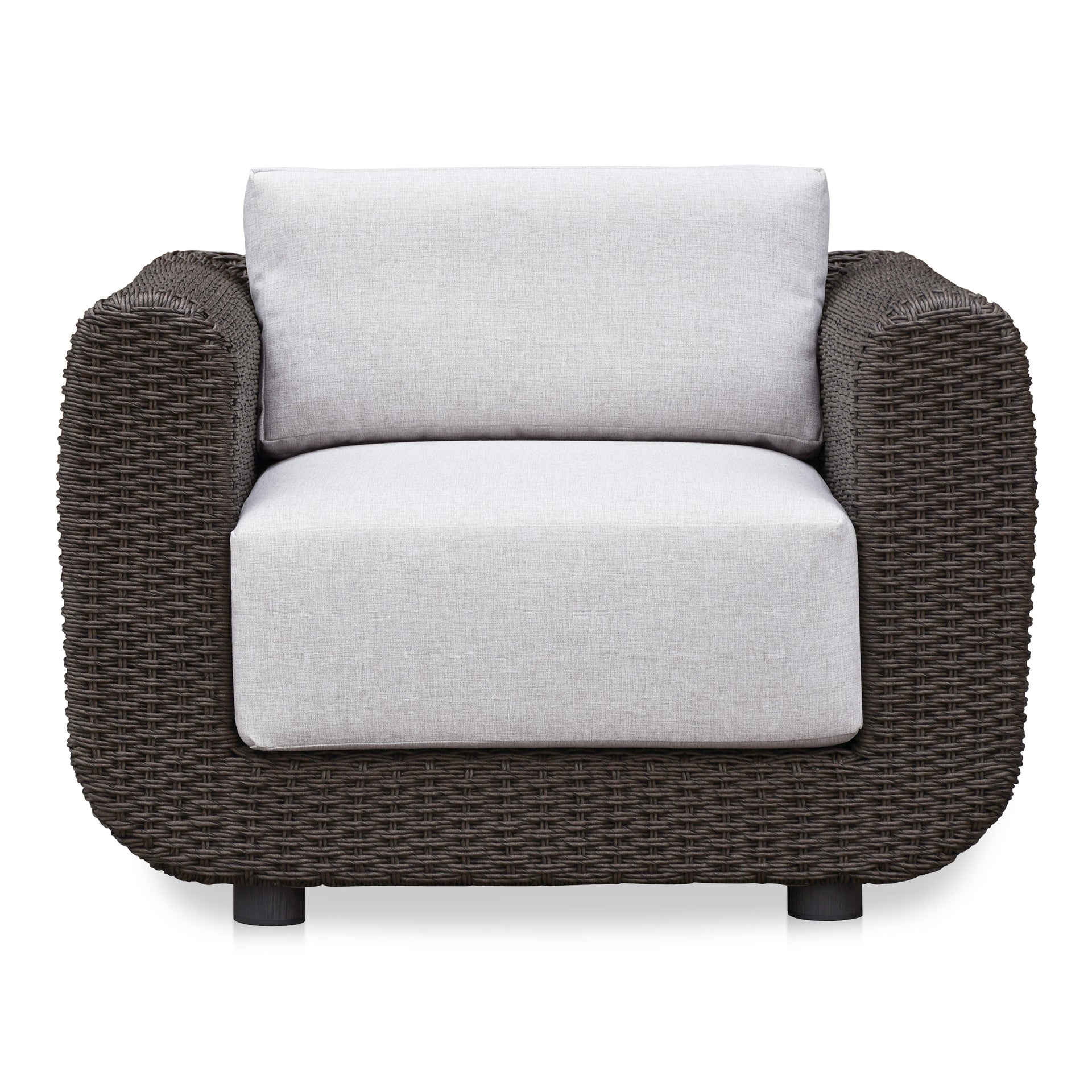 Salem Outdoor Accent Chair, Dark Brown PE Wicker, Olefin Sunproof Cushions, Quick-Dry Foam, White