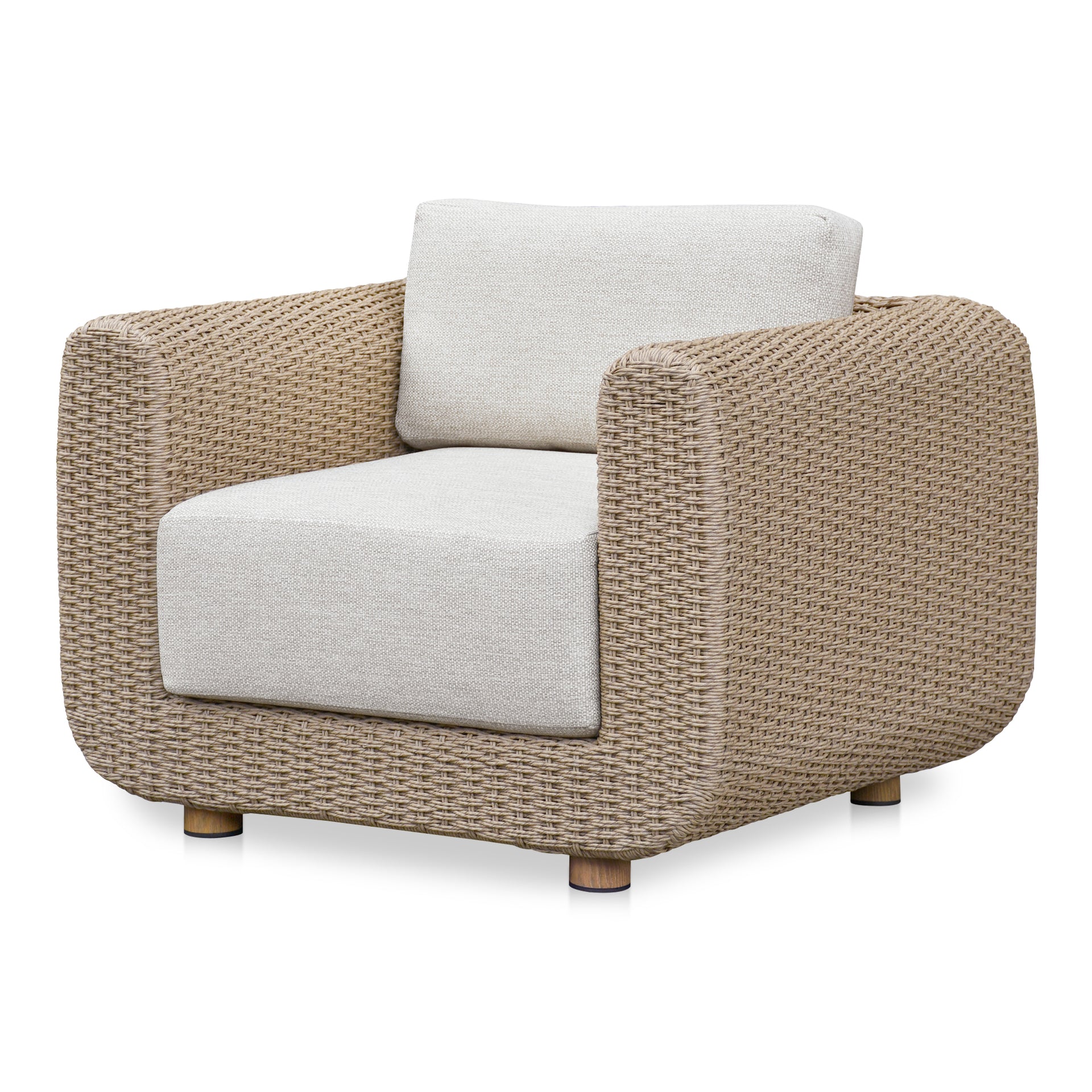 Salem Outdoor Accent Chair, Brown PE Wicker, Olefin Sunproof Cushions, Quick-Dry Foam, White