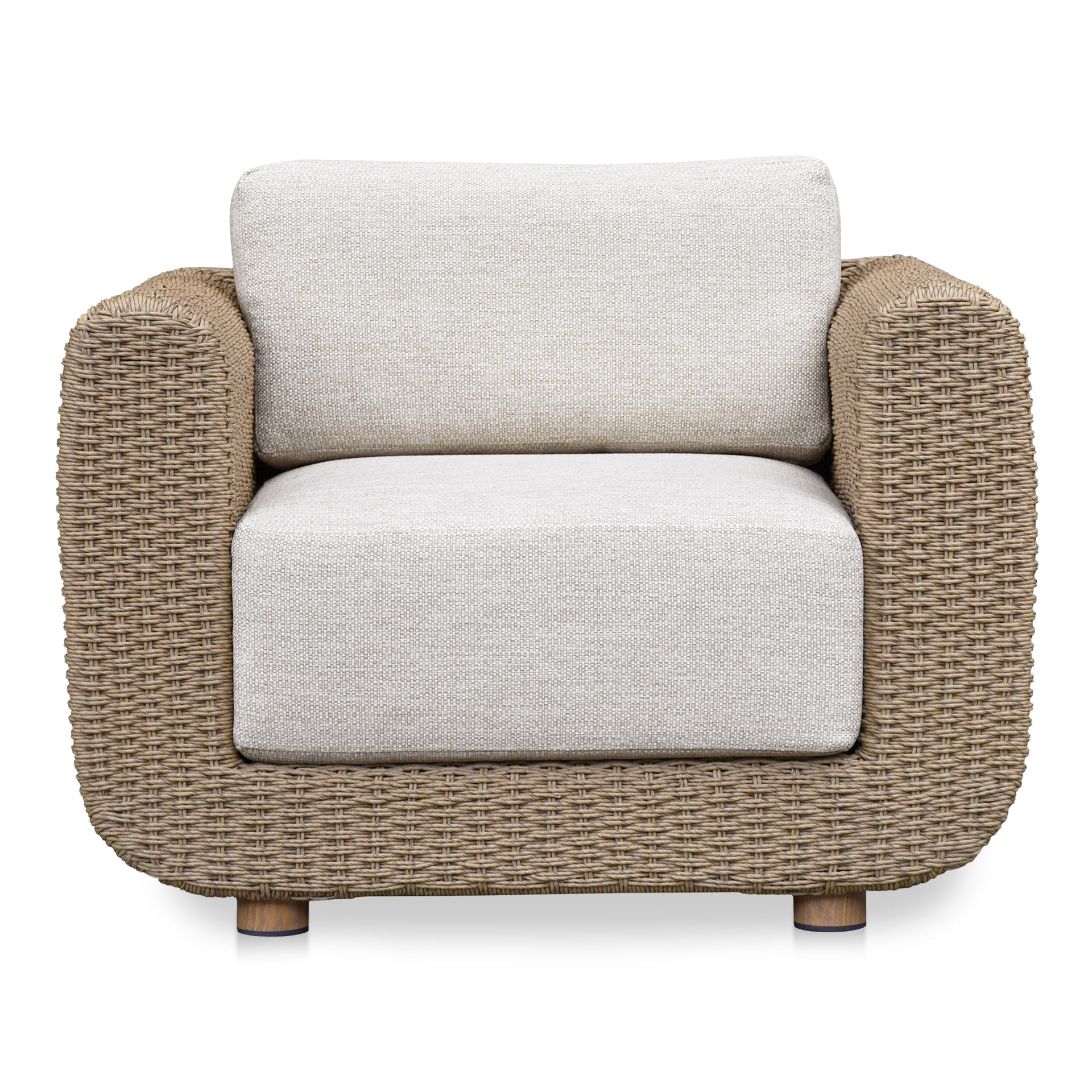 Salem Outdoor Accent Chair, Brown PE Wicker, Olefin Sunproof Cushions, Quick-Dry Foam, White