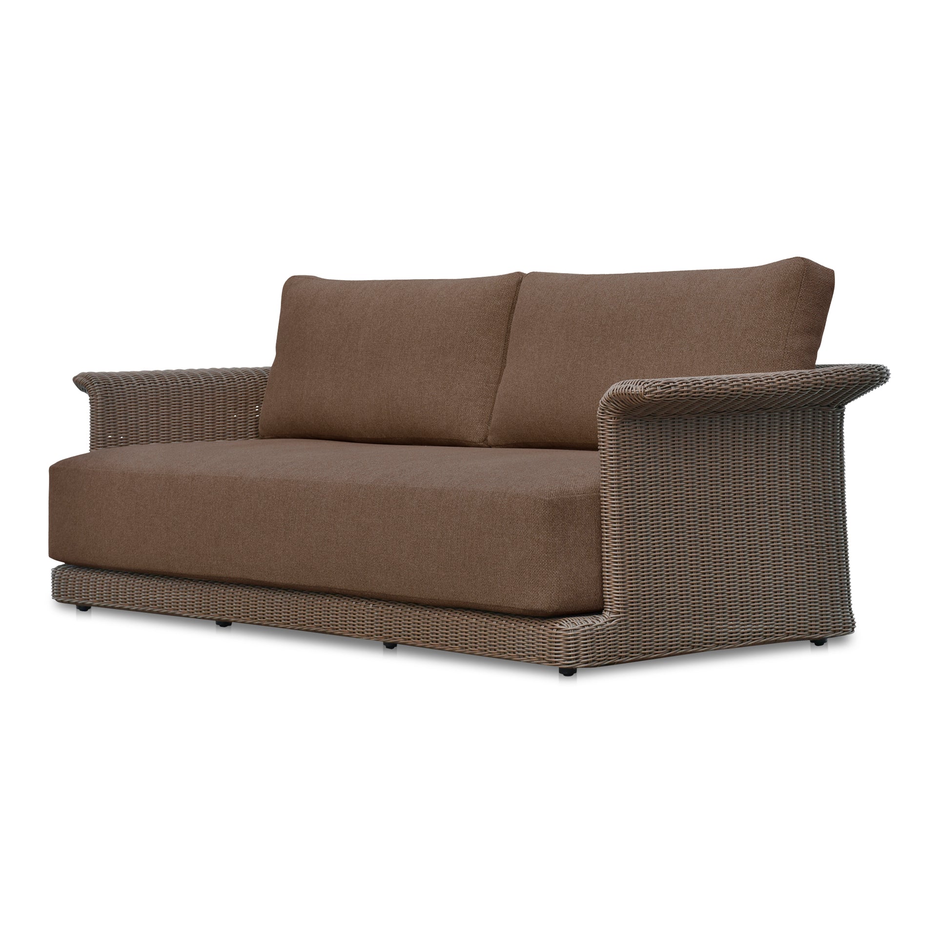 Mareth Sofa, Tulip-Shaped Wicker Seat with Cushioned Upholstery, Aluminum Frame, Brown – Seats 3
