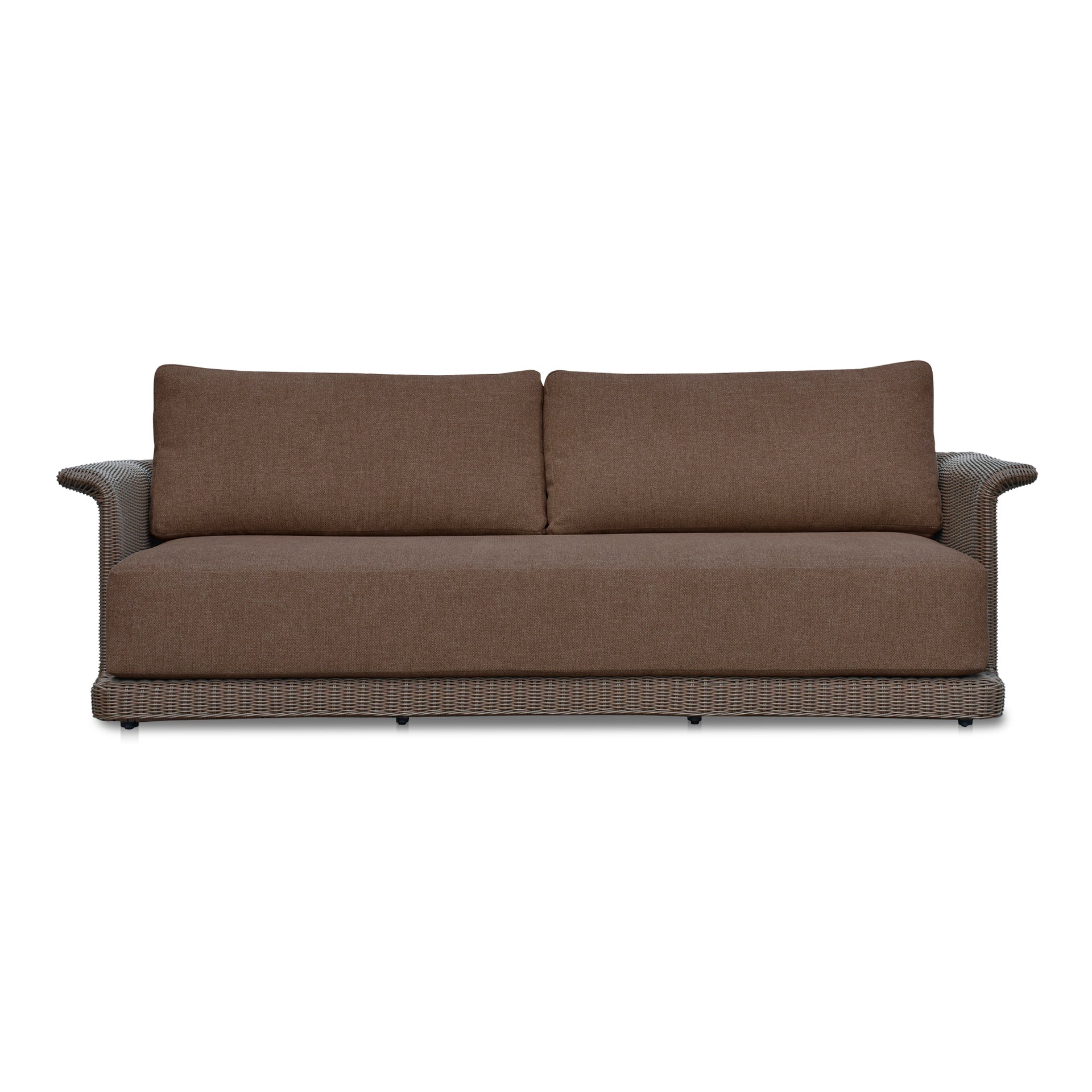 Mareth Sofa, Tulip-Shaped Wicker Seat with Cushioned Upholstery, Aluminum Frame, Brown – Seats 3