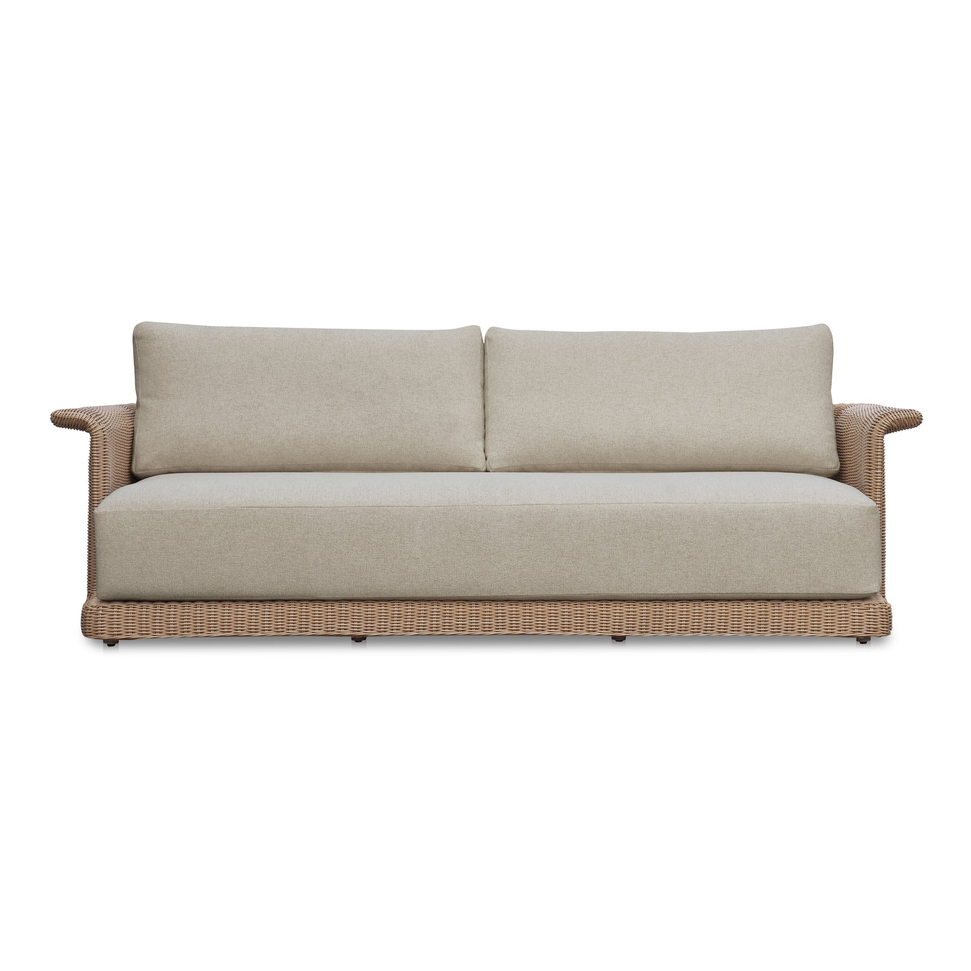 Mareth Outdoor Sofa, Tulip Shape, Woven Wicker & Cushioned Seating, Beige - Seats 3