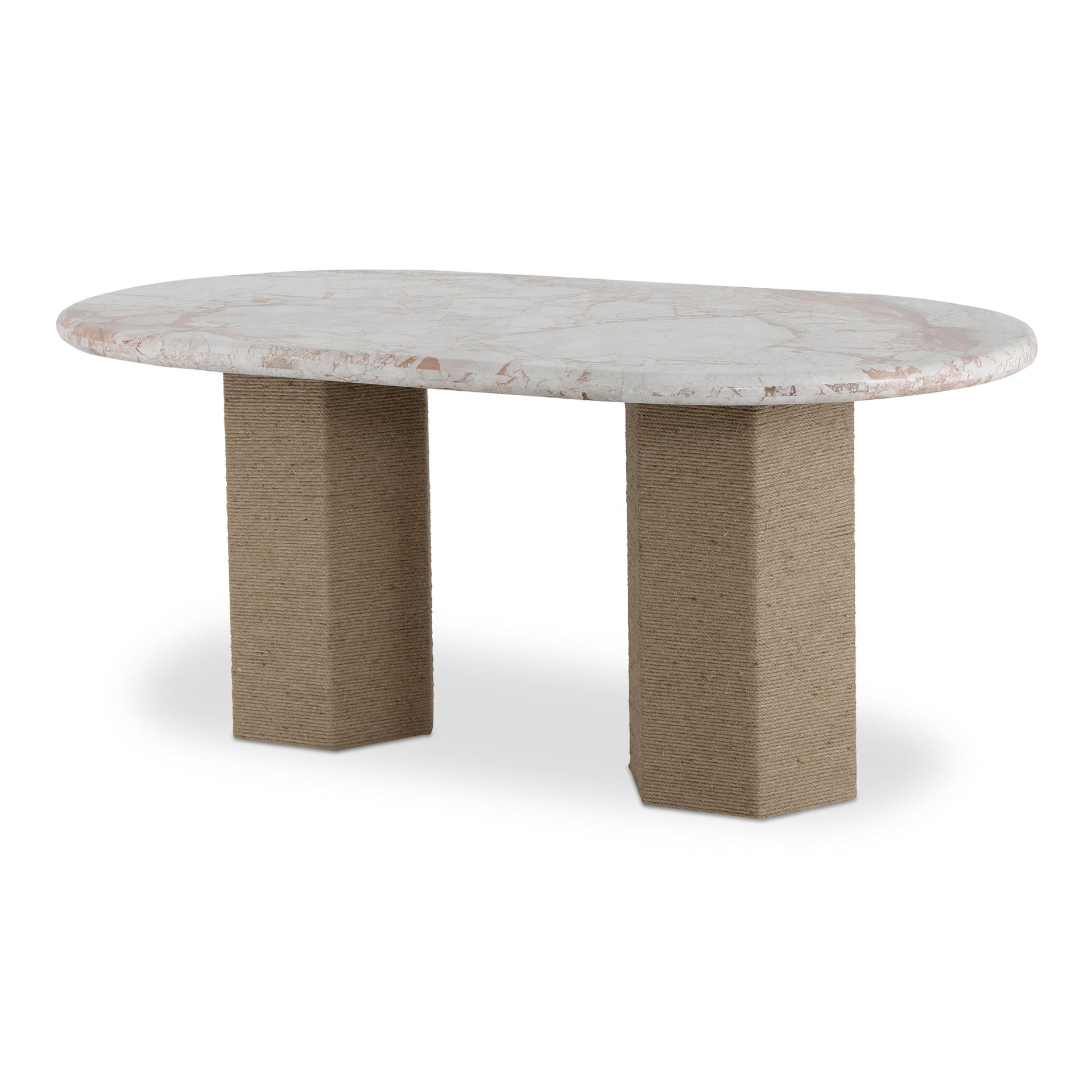 Norex Sartoria Dining Table for 6, Oval Italian Breccia Marble Top, Jute-Wrapped Mango Wood Base, Beige