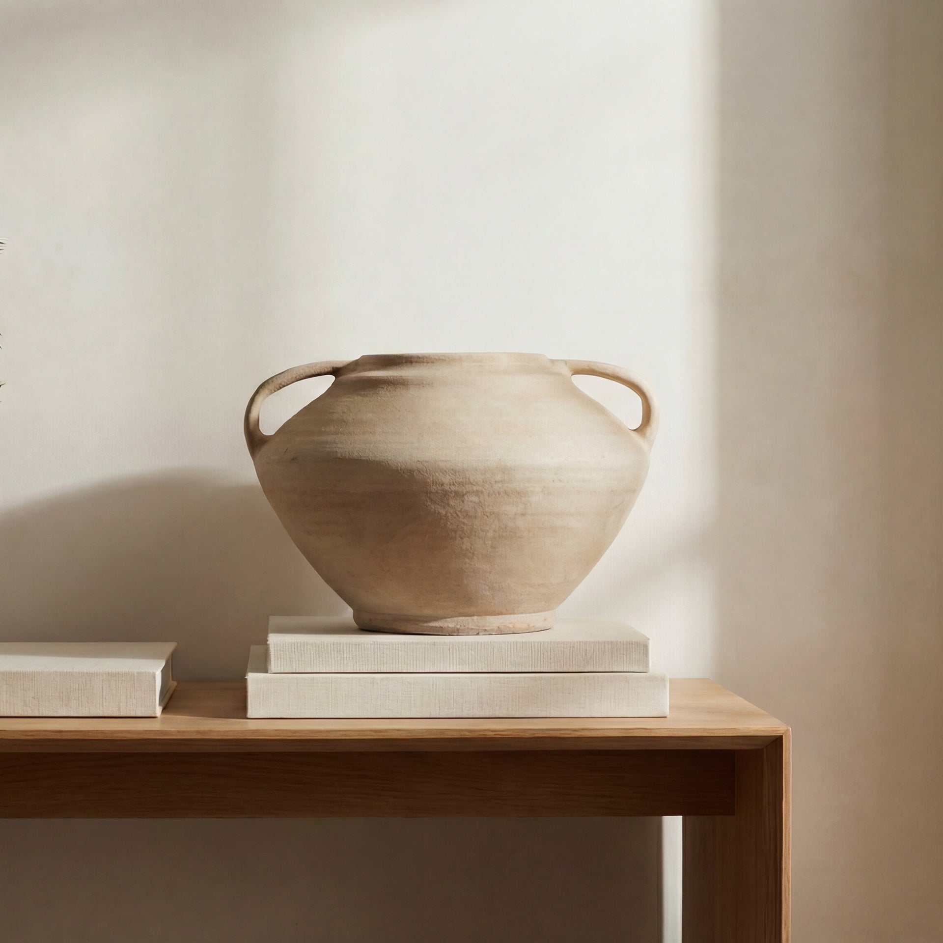 Ottilie Vase, Amphora, Terracotta, Aged Beige Finish, Molded Handle Detail