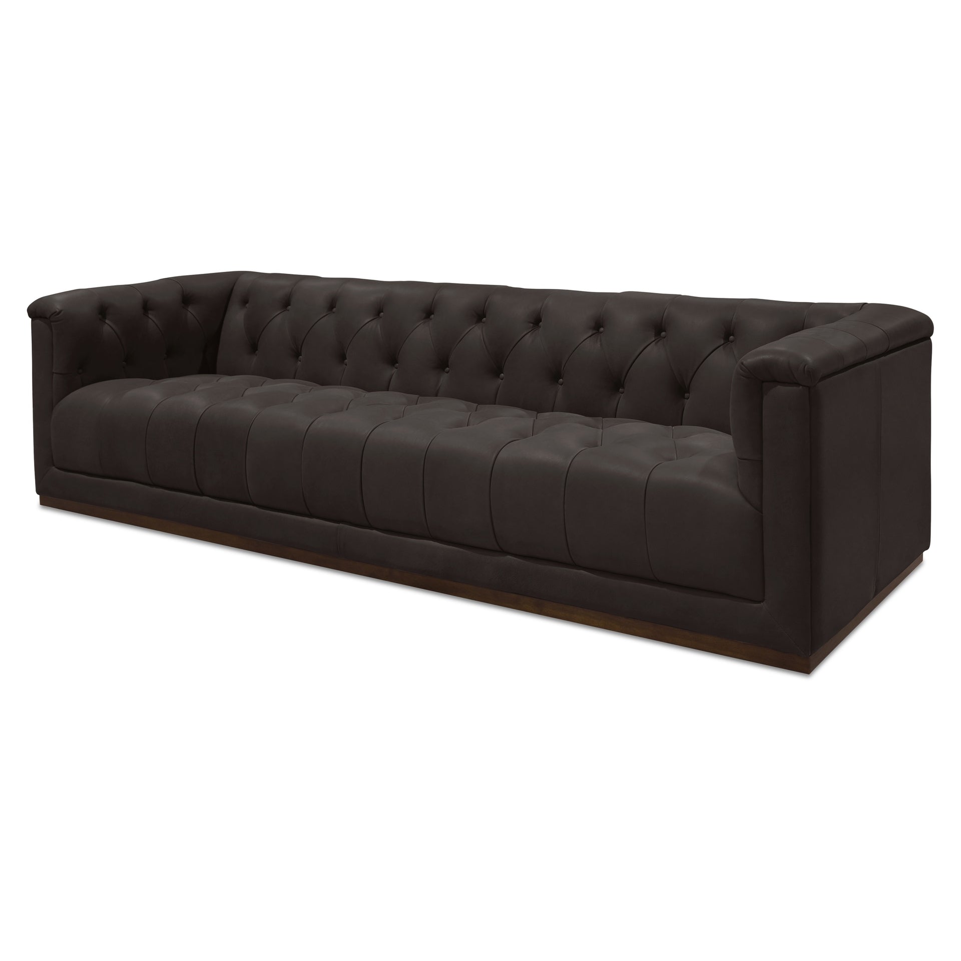 Marius Sofa, Top Grain Leather, Solid Rubber Wood Base, Tufted, Three-Seat, Deep Brown
