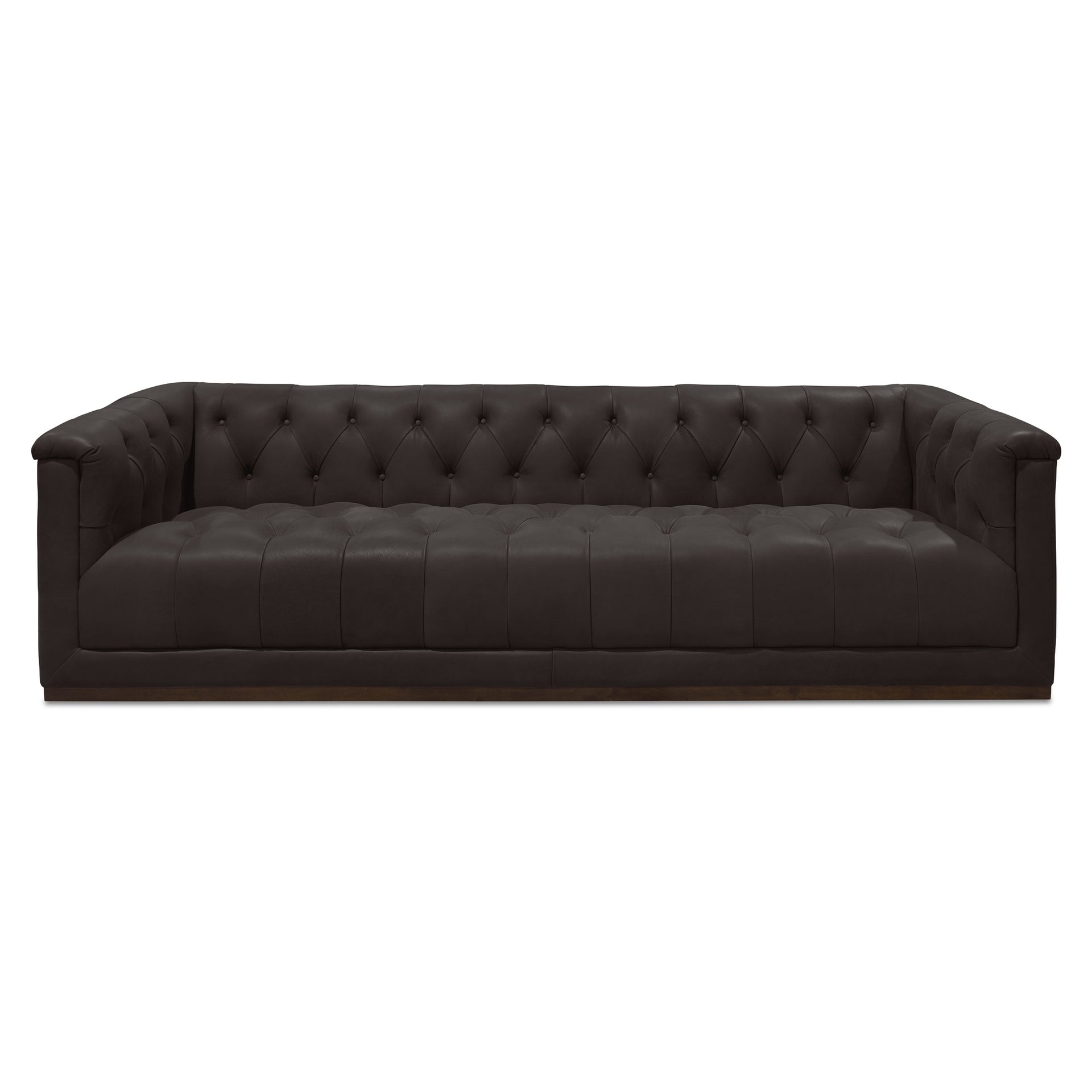 Marius Sofa, Top Grain Leather, Solid Rubber Wood Base, Tufted, Three-Seat, Deep Brown