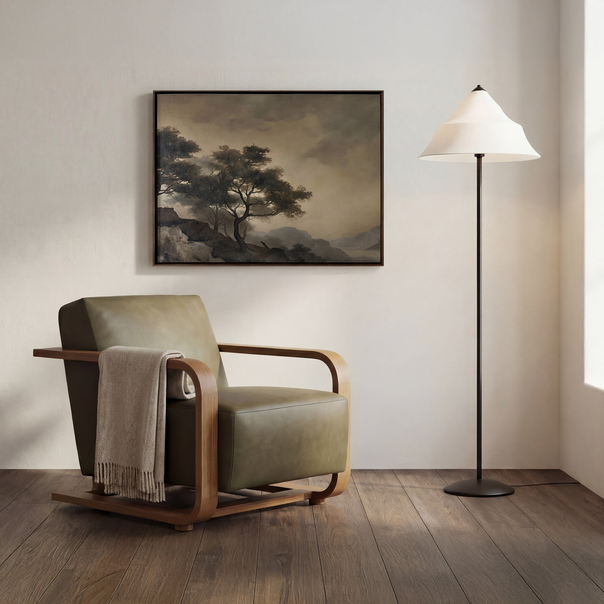 Joseph Occasional Chair, Top Grain Leather Cushion Back with Solid Oak Frame, Olive
