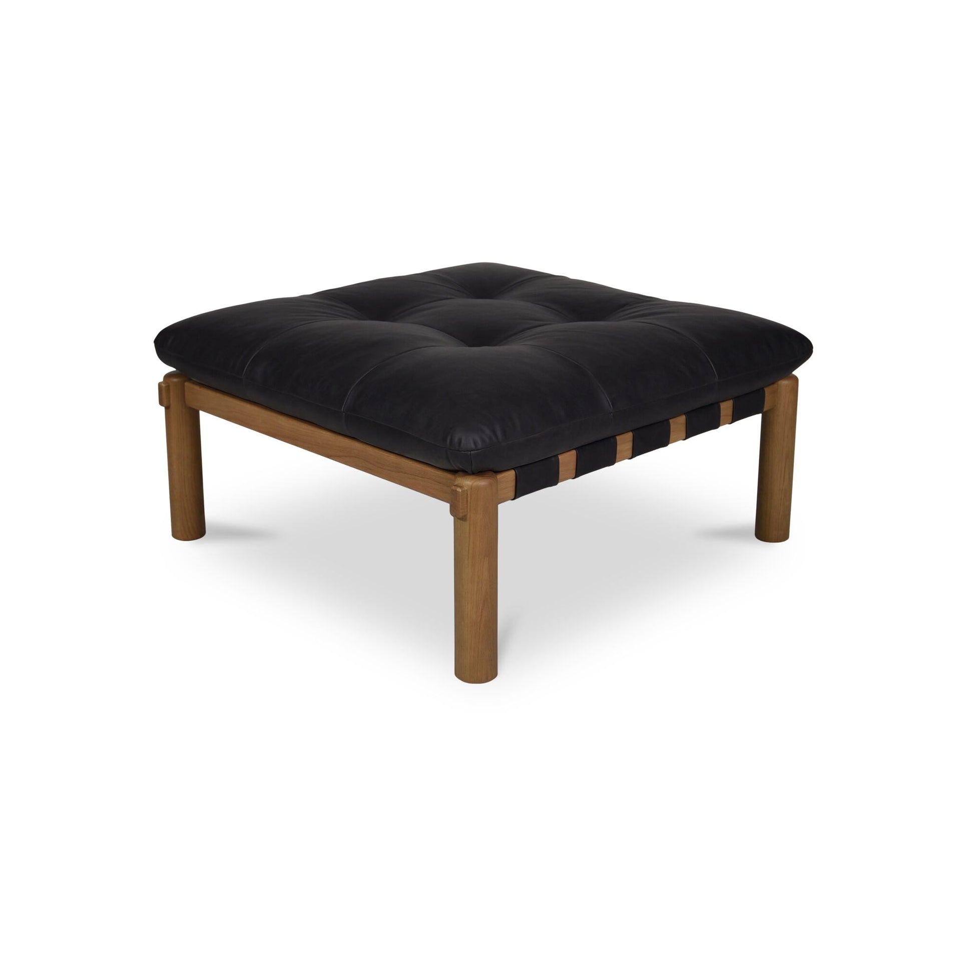 Torias Ottoman, Solid Oak Frame, Top Grain Leather, Tufted Black