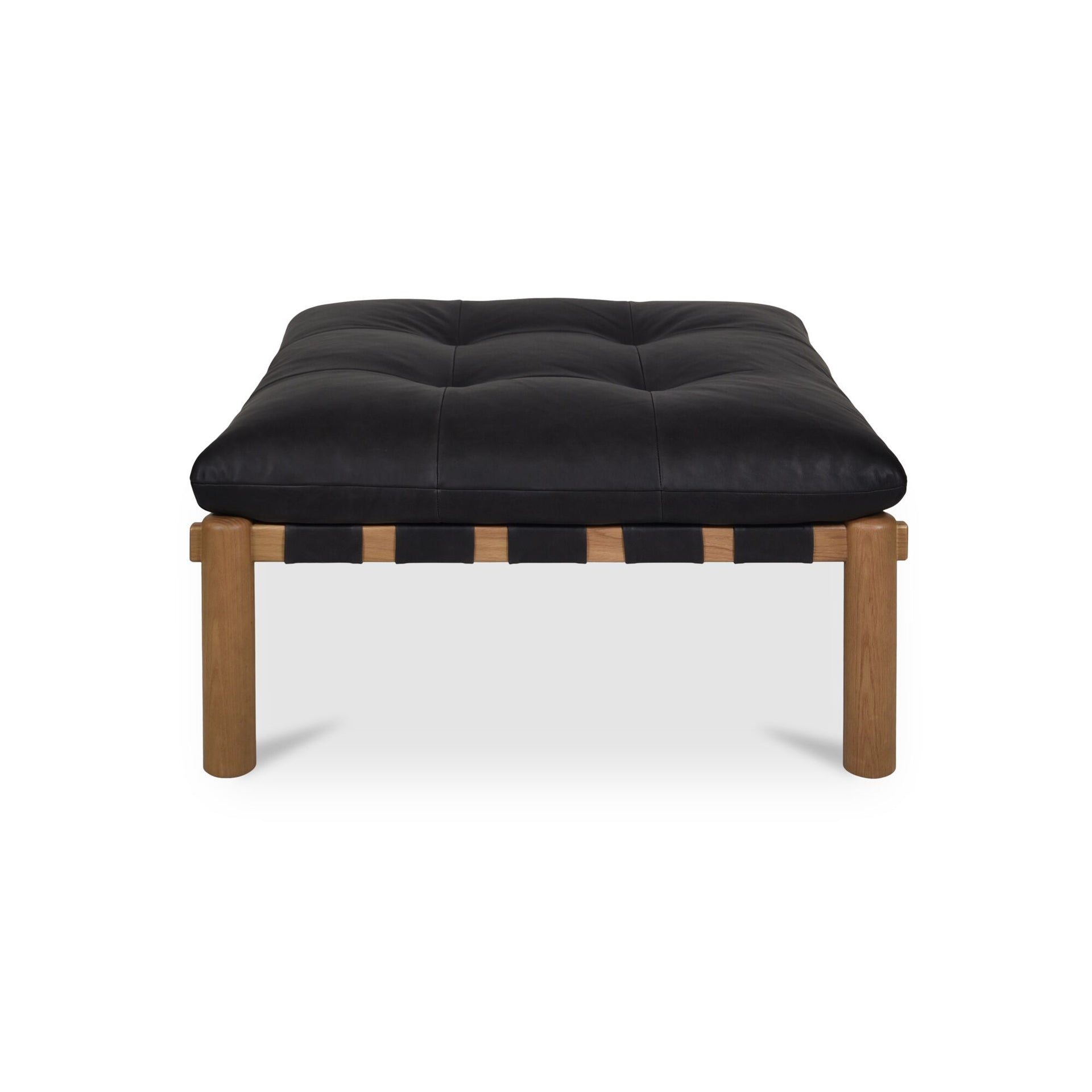Torias Ottoman, Solid Oak Frame, Top Grain Leather, Tufted Black