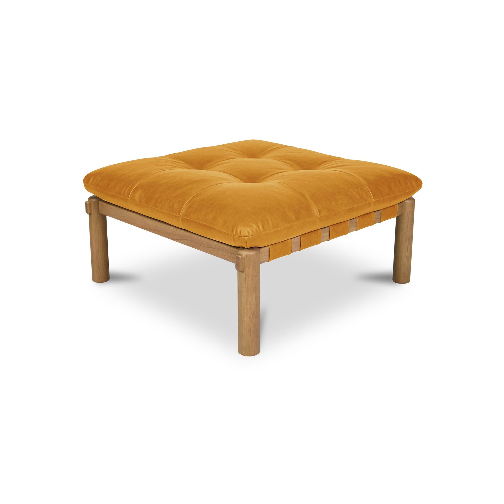 Torias Ottoman, Solid Oak Frame, Top Grain Leather, Tufted Tan