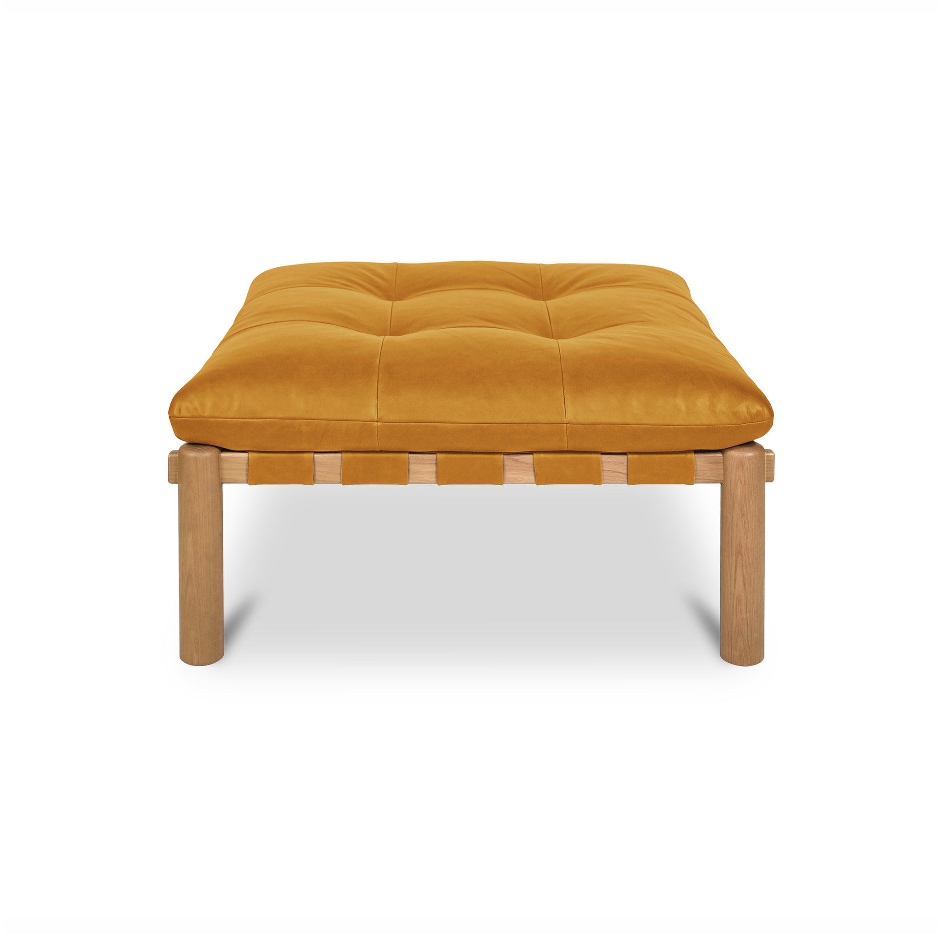 Torias Ottoman, Solid Oak Frame, Top Grain Leather, Tufted Tan