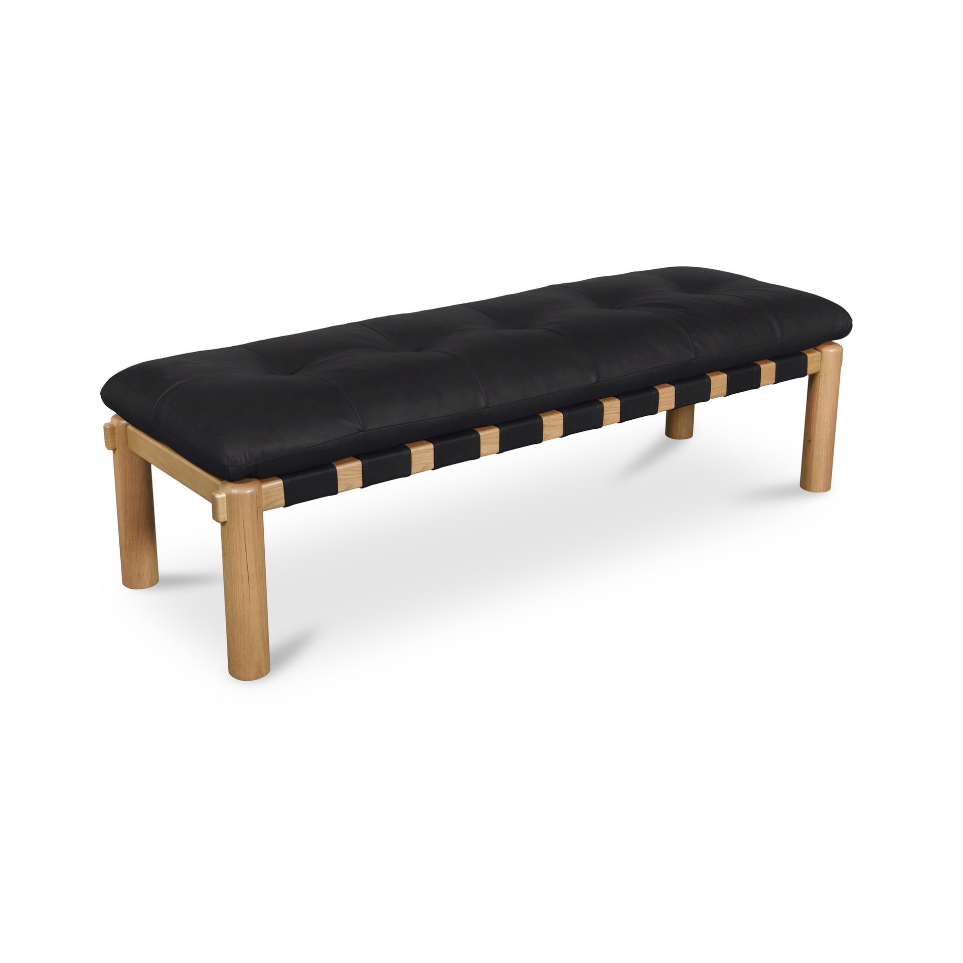 Torias Bench, Rectangular, Top Grain Leather, Solid Oak Frame, Tufted Seat, Black