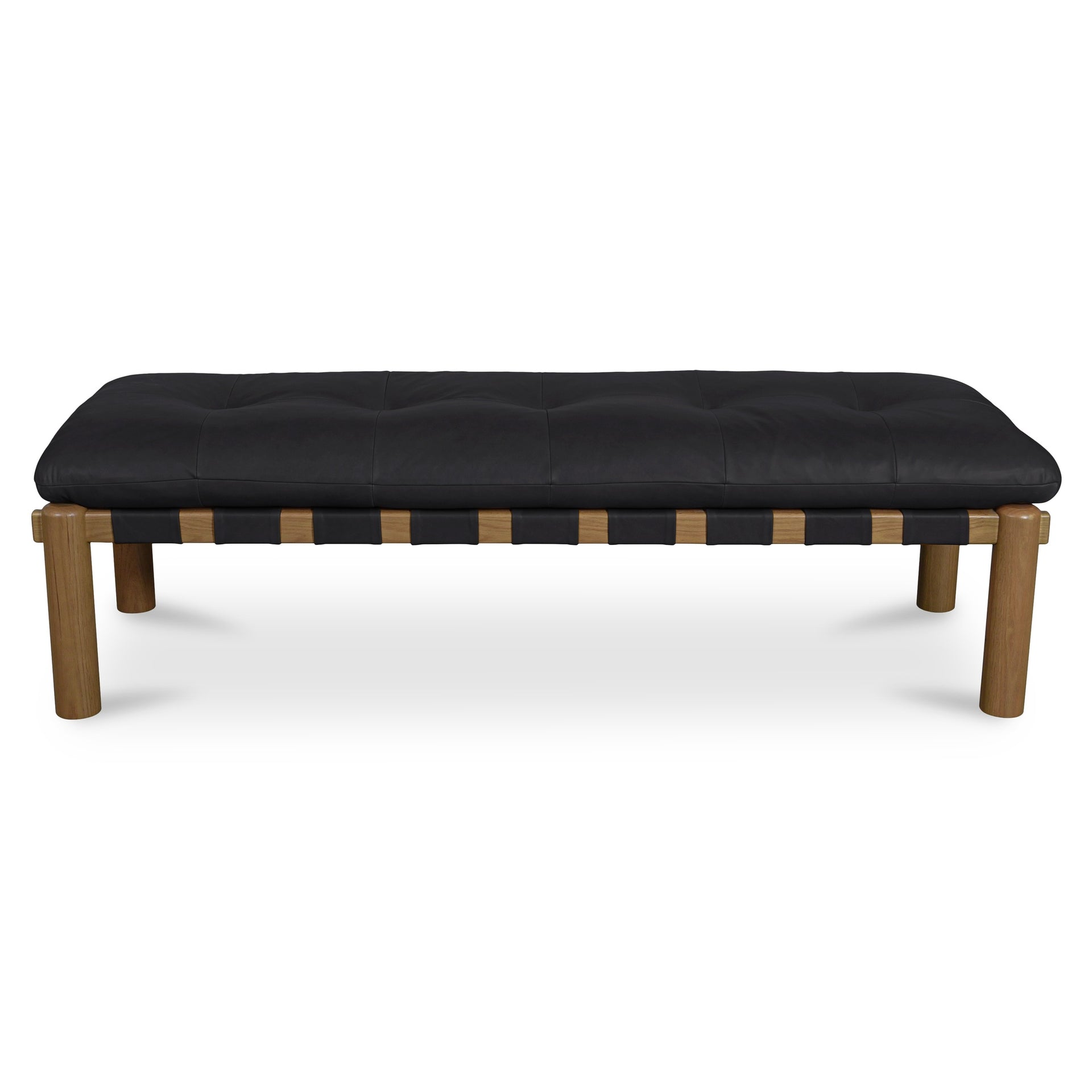 Torias Bench, Rectangular, Top Grain Leather, Solid Oak Frame, Tufted Seat, Black