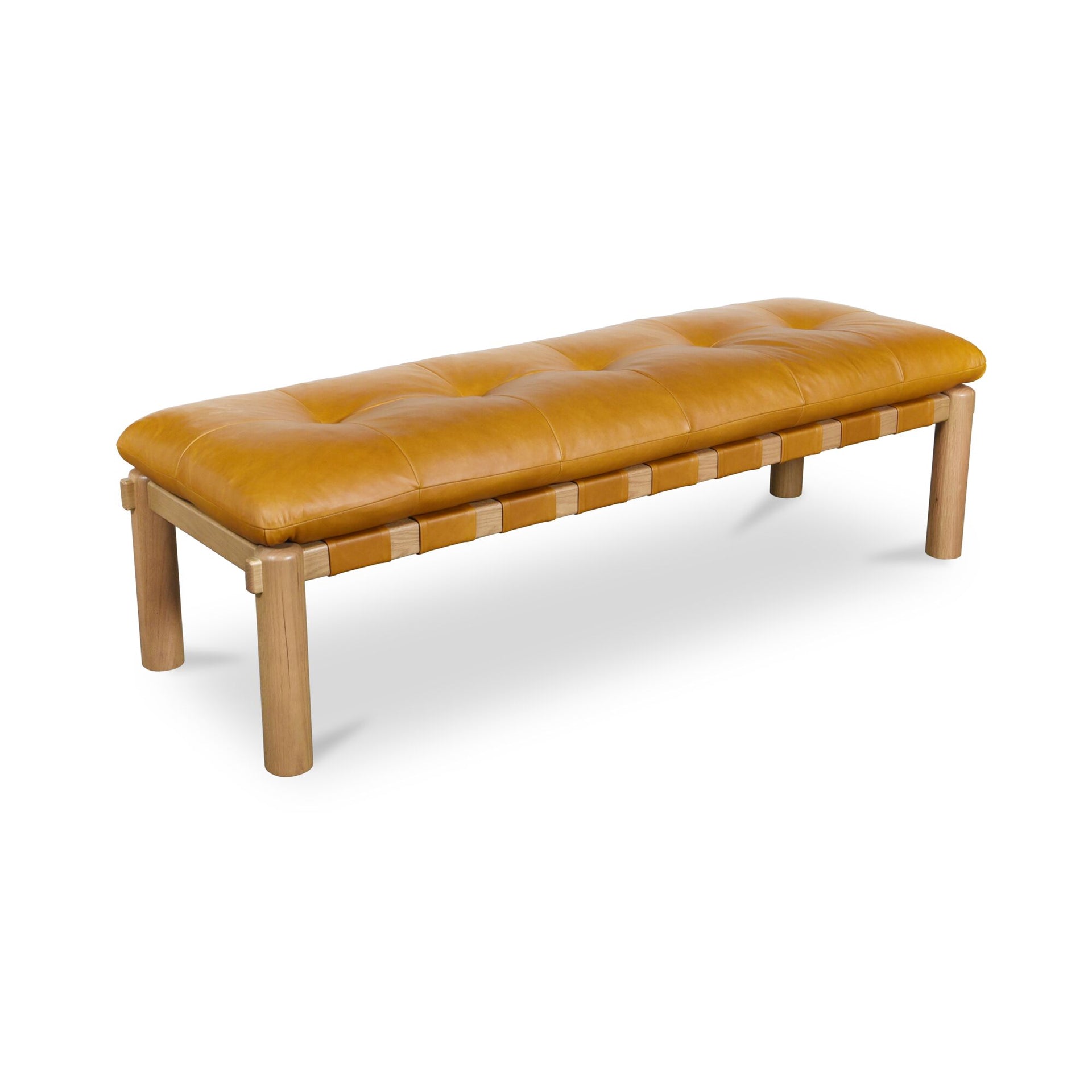 Torias Bench, Rectangular, Top Grain Leather, Solid Oak Frame, Tufted Seat, Tan