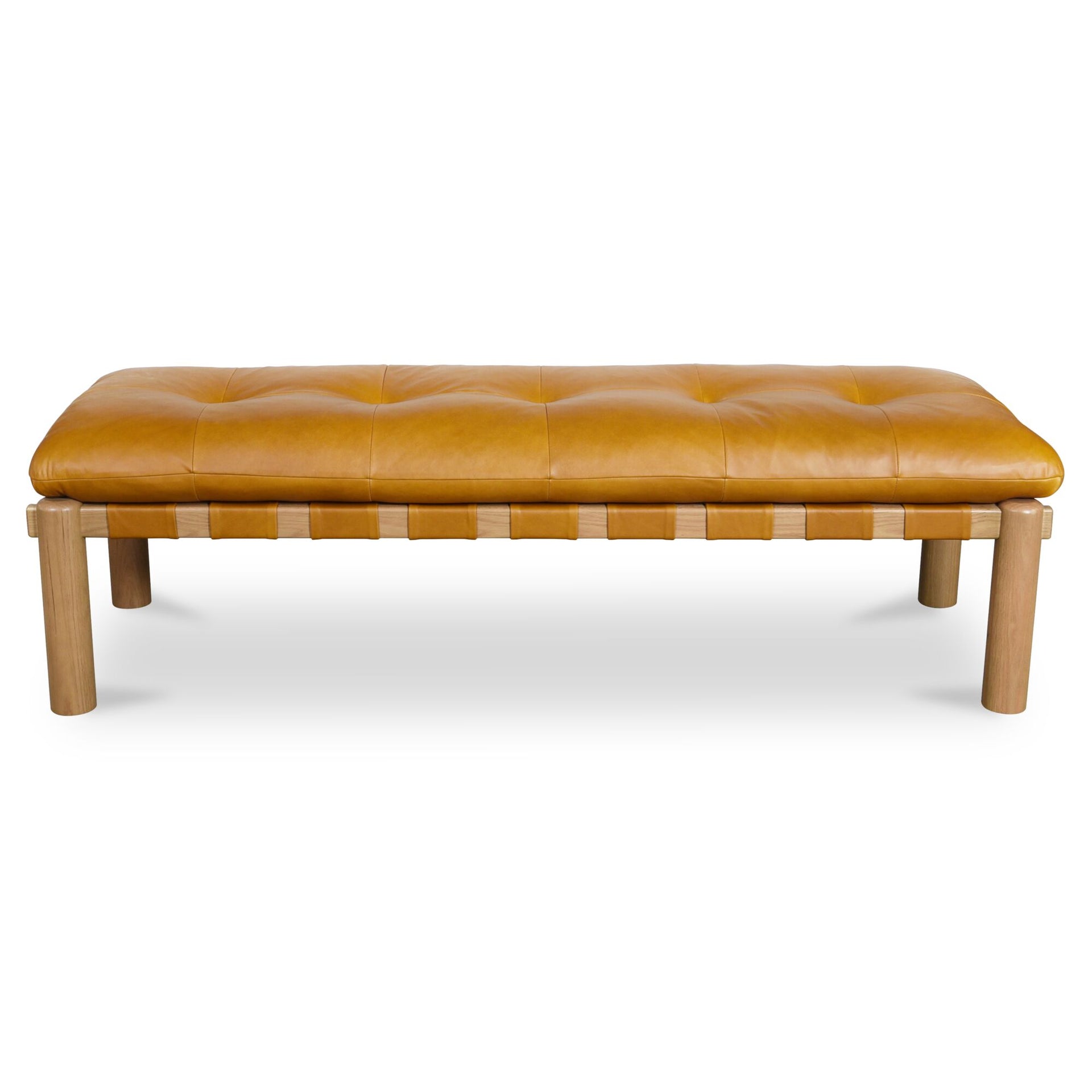 Torias Bench, Rectangular, Top Grain Leather, Solid Oak Frame, Tufted Seat, Tan