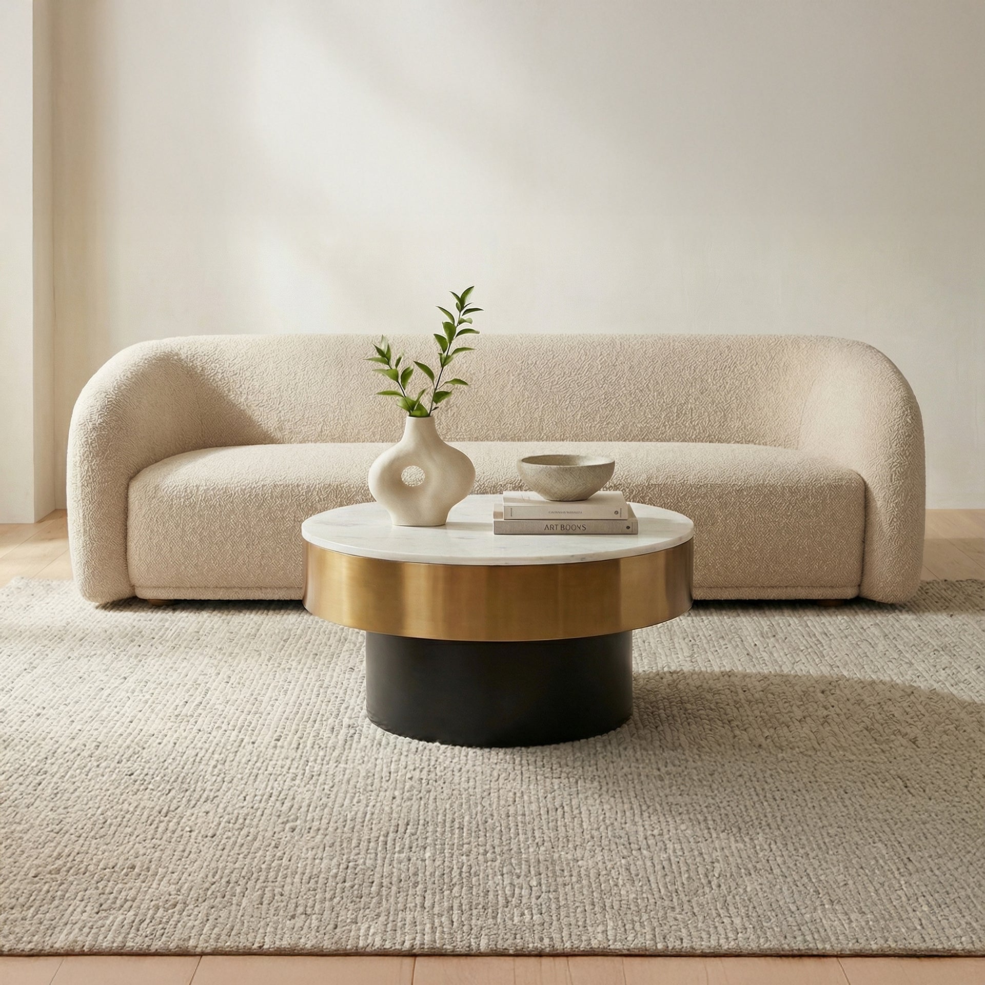Koa – Round Marble Top with Brass Rim Coffee Table, White