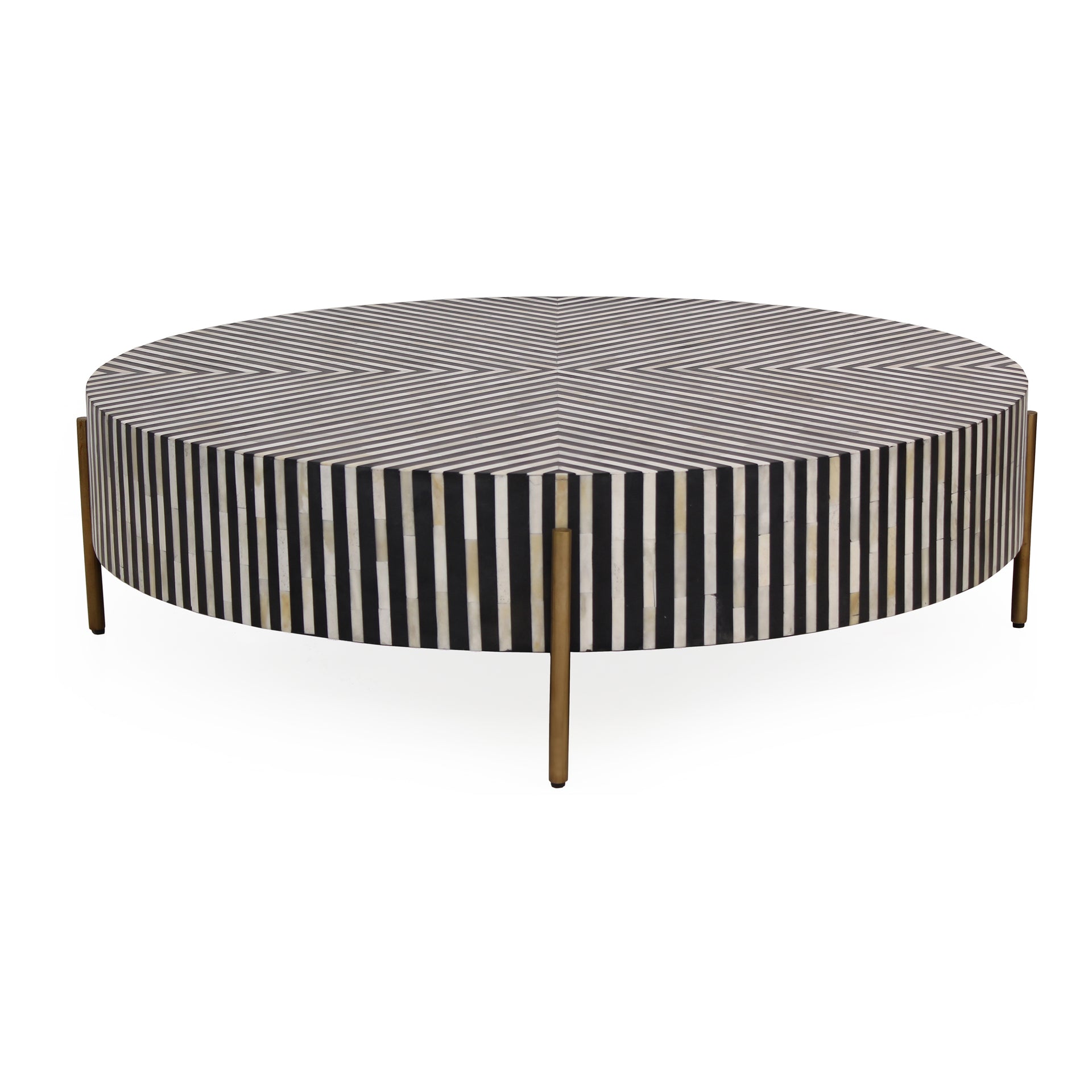 Rumi - Striped Design with Brass Finish Round Coffee Table Size Medium, Multicolor