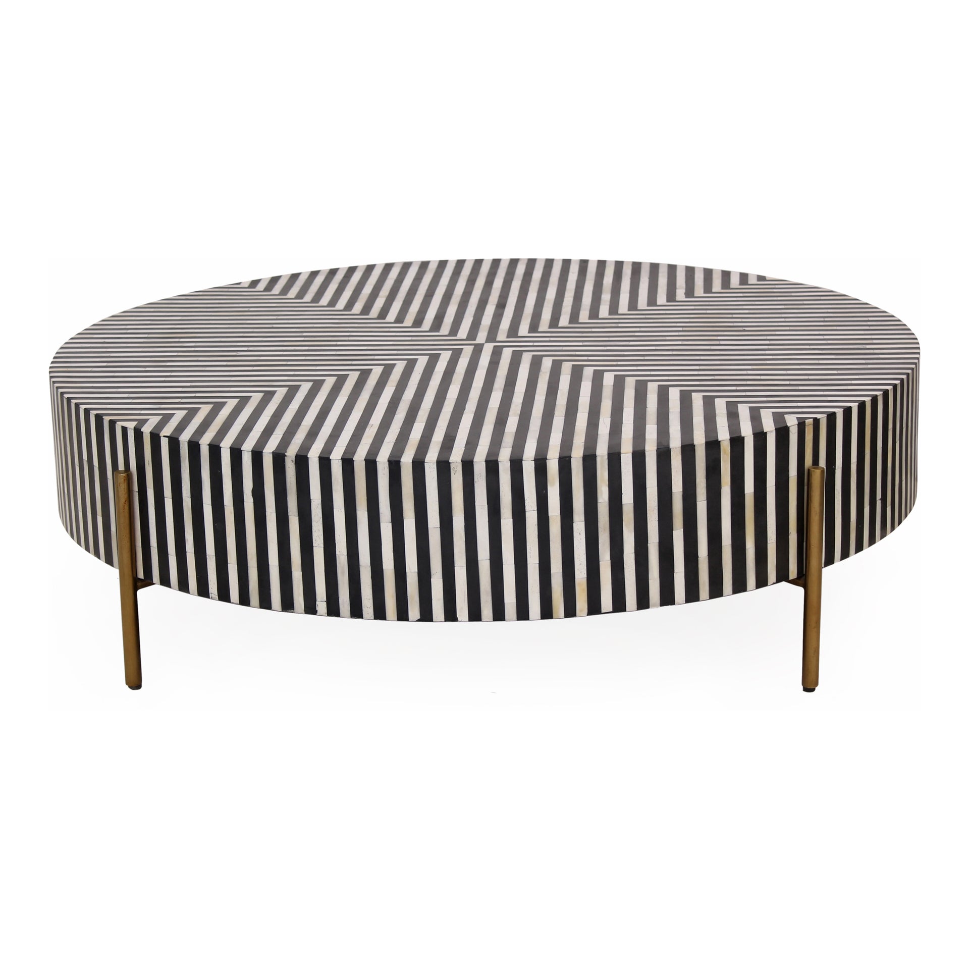 Rumi - Striped Design with Brass Finish Round Coffee Table Size Medium, Multicolor