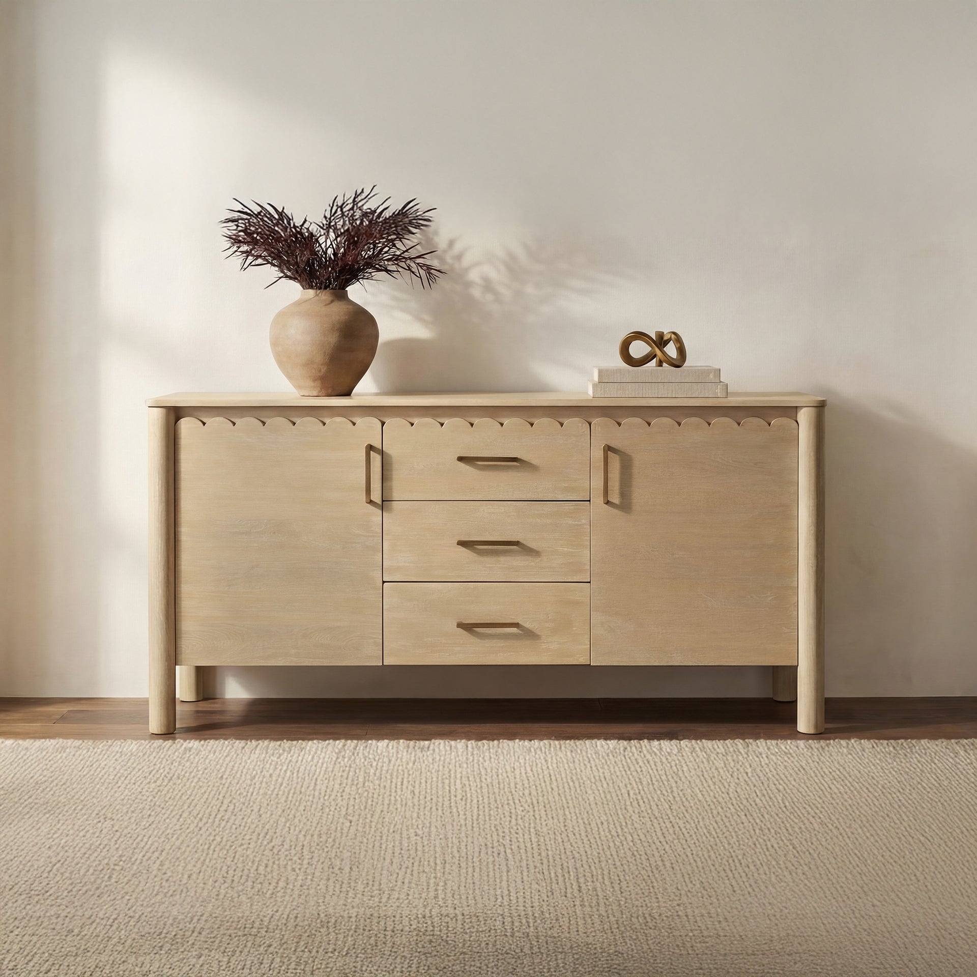 Thalen Sideboard, Rectangular, Mango Wood, Three Drawers, Iron Handles, Scalloped Edges, Monolithic Round Legs, Natural