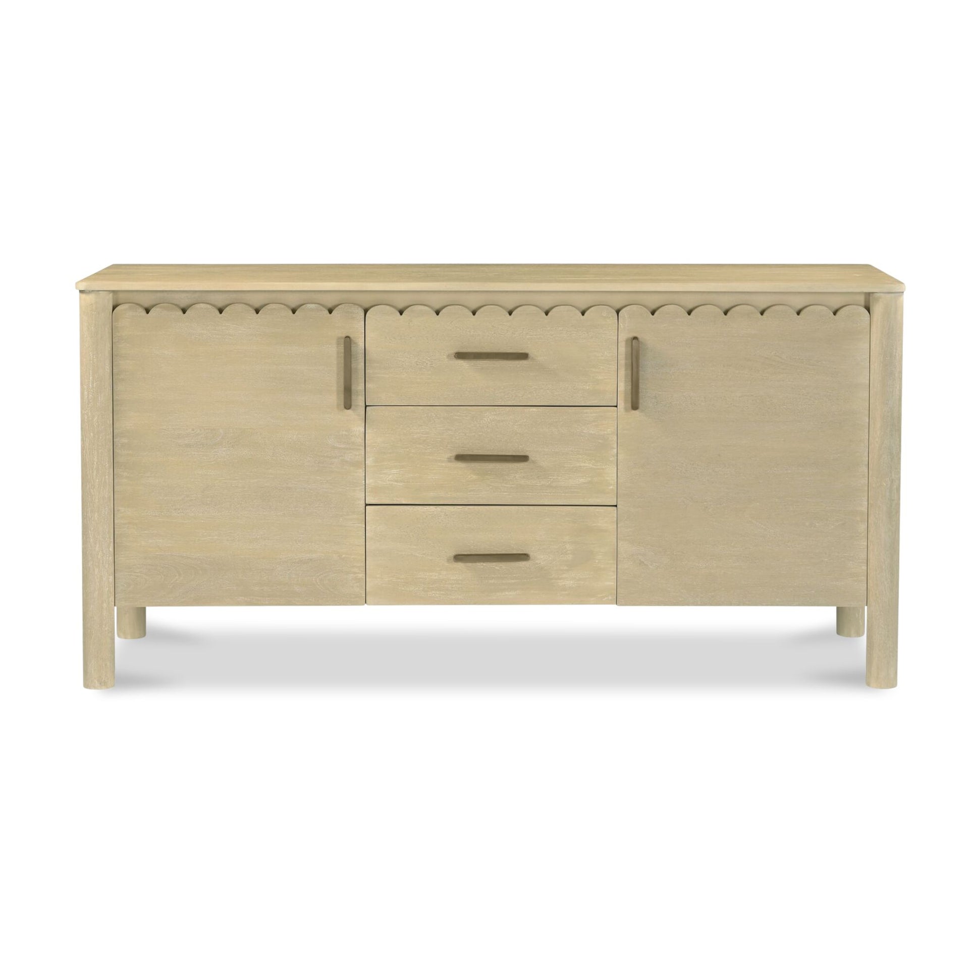 Thalen Sideboard, Rectangular, Mango Wood, Three Drawers, Iron Handles, Scalloped Edges, Monolithic Round Legs, Natural