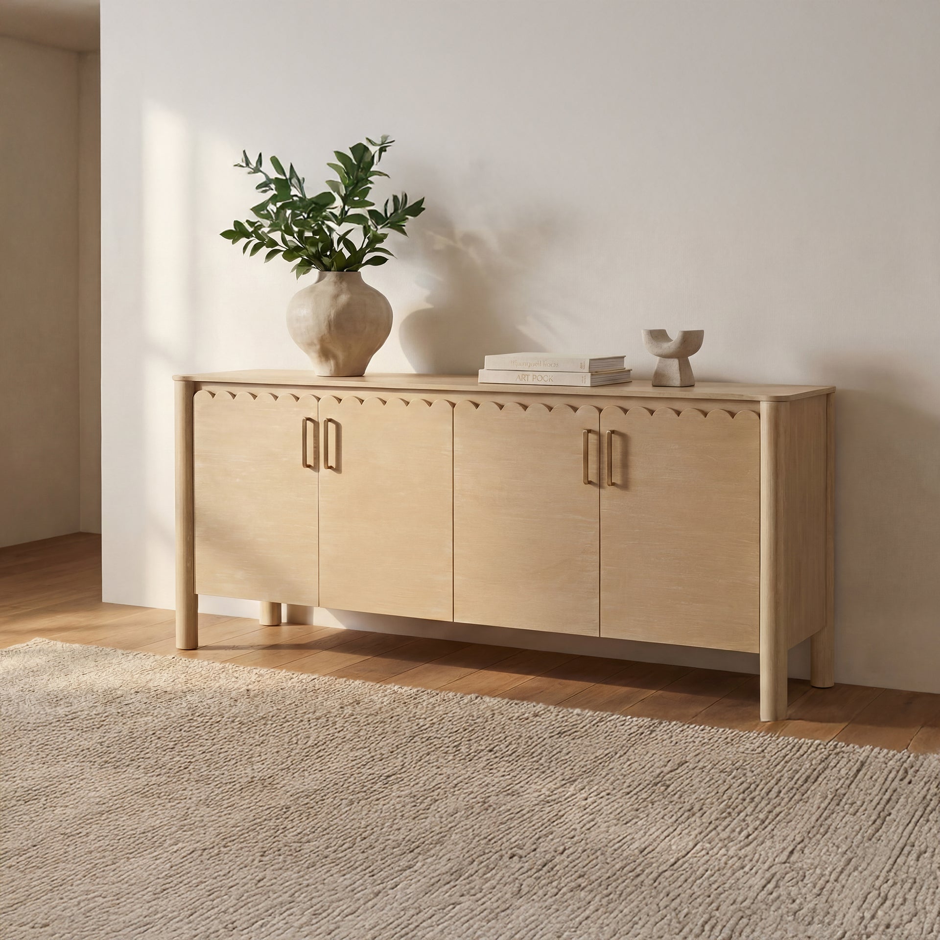 Thalen Sideboard, Rectangular, Mango Wood, Four Doors, Iron Handles, Scalloped Edges, Monolithic Round Legs, Natural