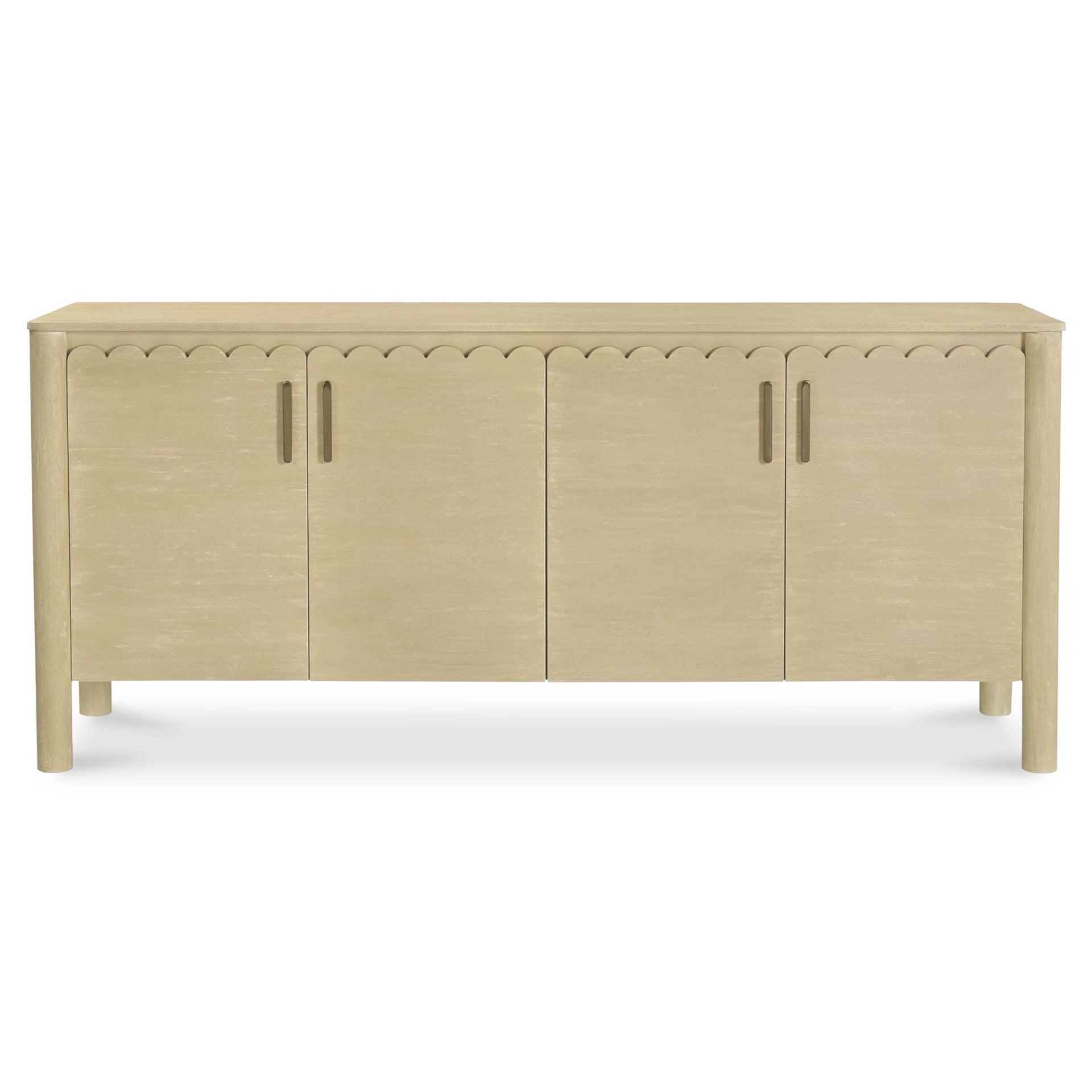 Thalen Sideboard, Rectangular, Mango Wood, Four Doors, Iron Handles, Scalloped Edges, Monolithic Round Legs, Natural