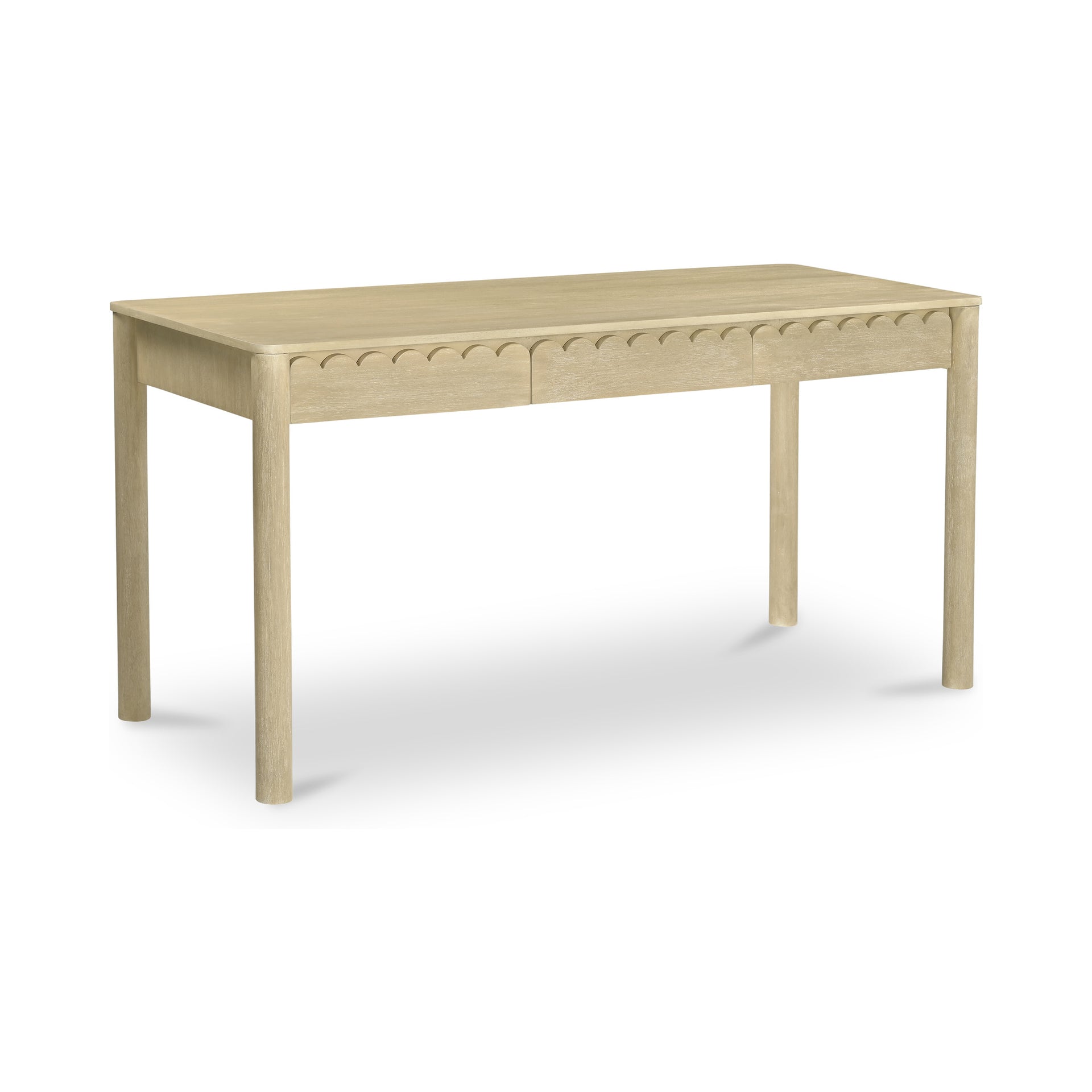 Thalen Desk, Rectangular, Mango Wood, Three Drawers, Heavy Brass Handles, Scalloped Edges, Monolithic Round Legs, Natural