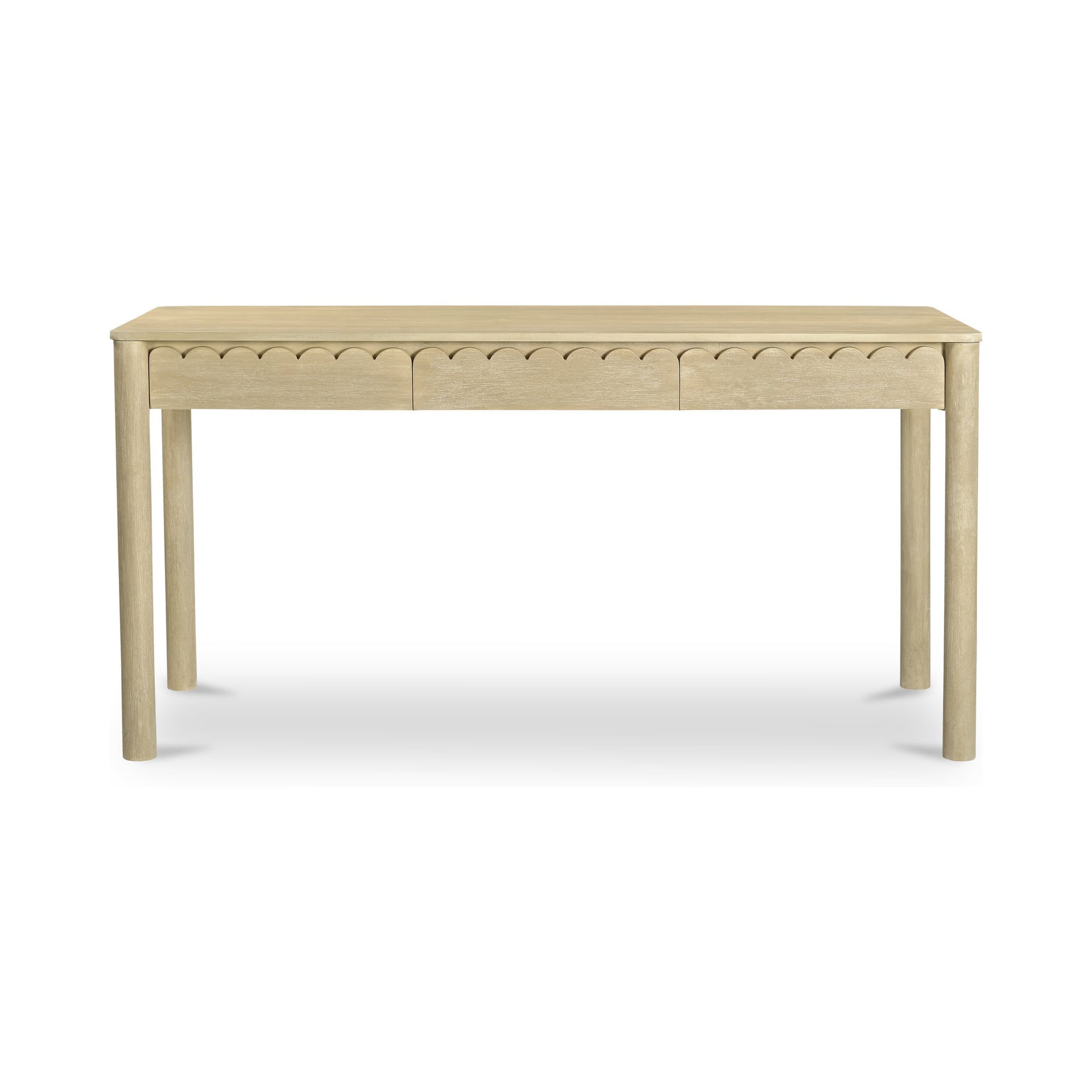 Thalen Desk, Rectangular, Mango Wood, Three Drawers, Heavy Brass Handles, Scalloped Edges, Monolithic Round Legs, Natural