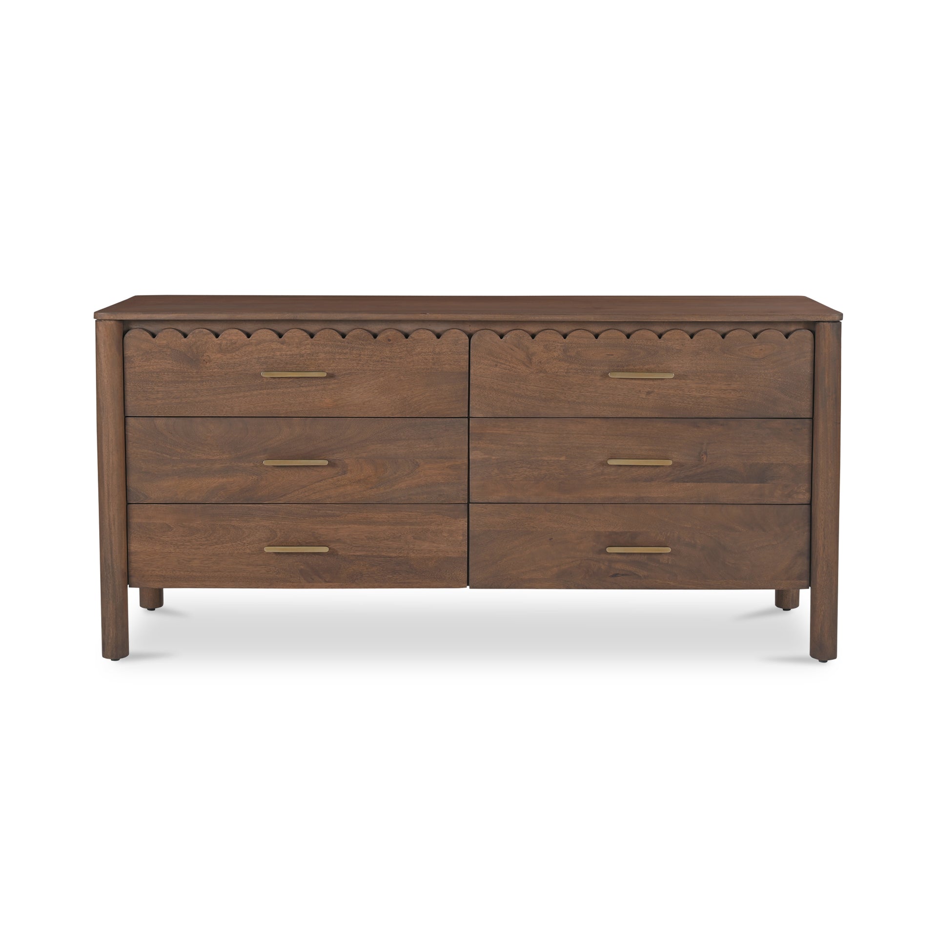 Thalen Dresser, 6 Drawer Mango Wood with Brass Hardware and Rounded Legs, Soft-Close Glides, Vintage Brown