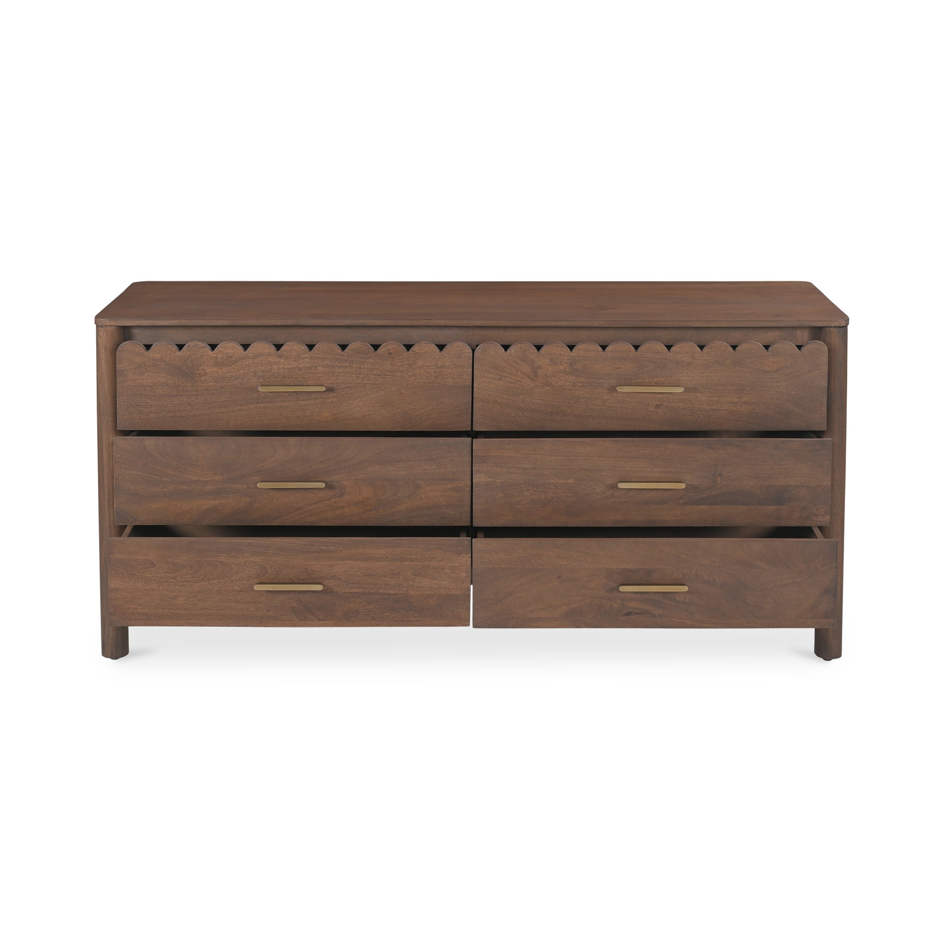 Thalen Dresser, 6 Drawer Mango Wood with Brass Hardware and Rounded Legs, Soft-Close Glides, Vintage Brown