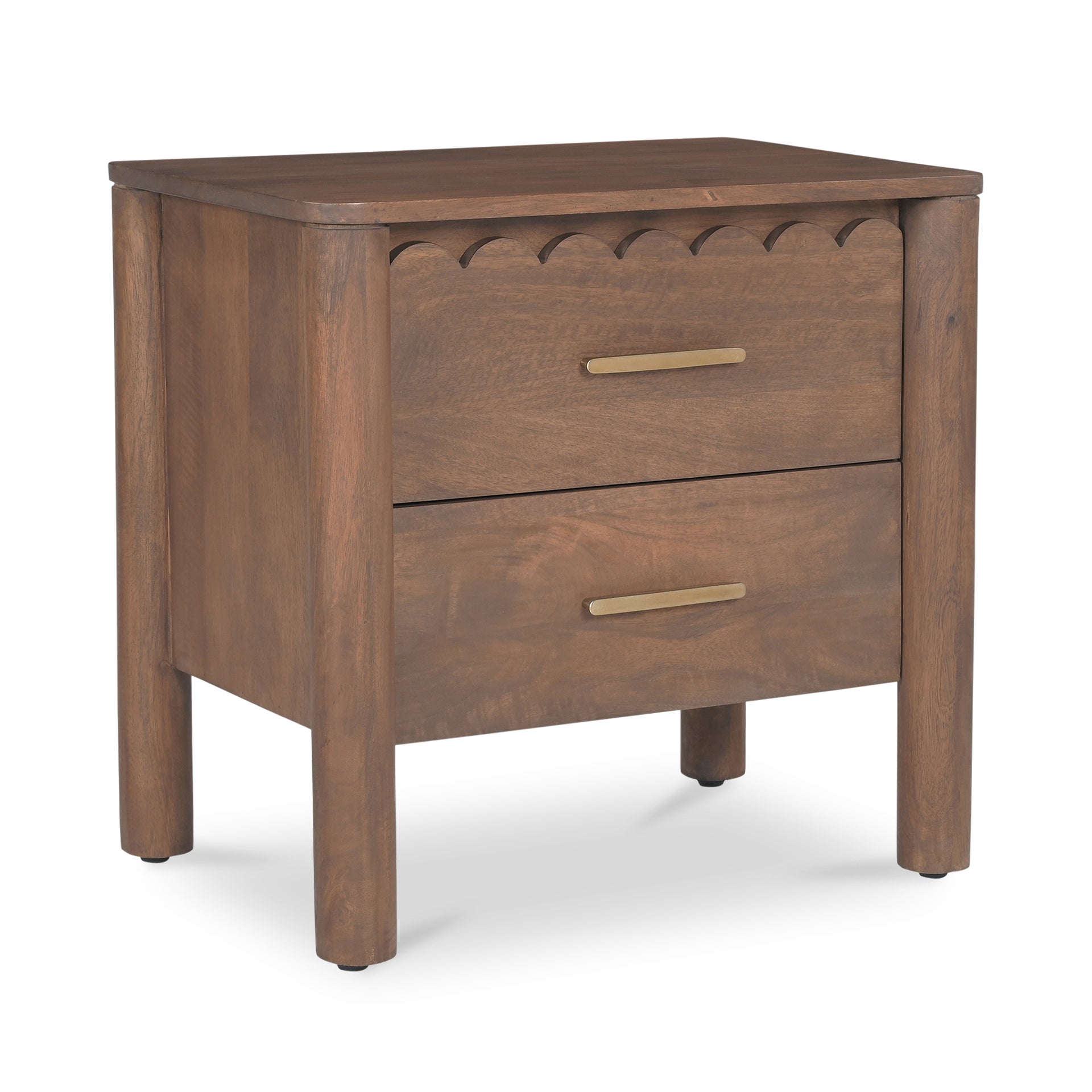 Thalen Nightstand, 2-Drawer Mango Wood with Brass Hardware, Soft Close Glides, Vintage Brown