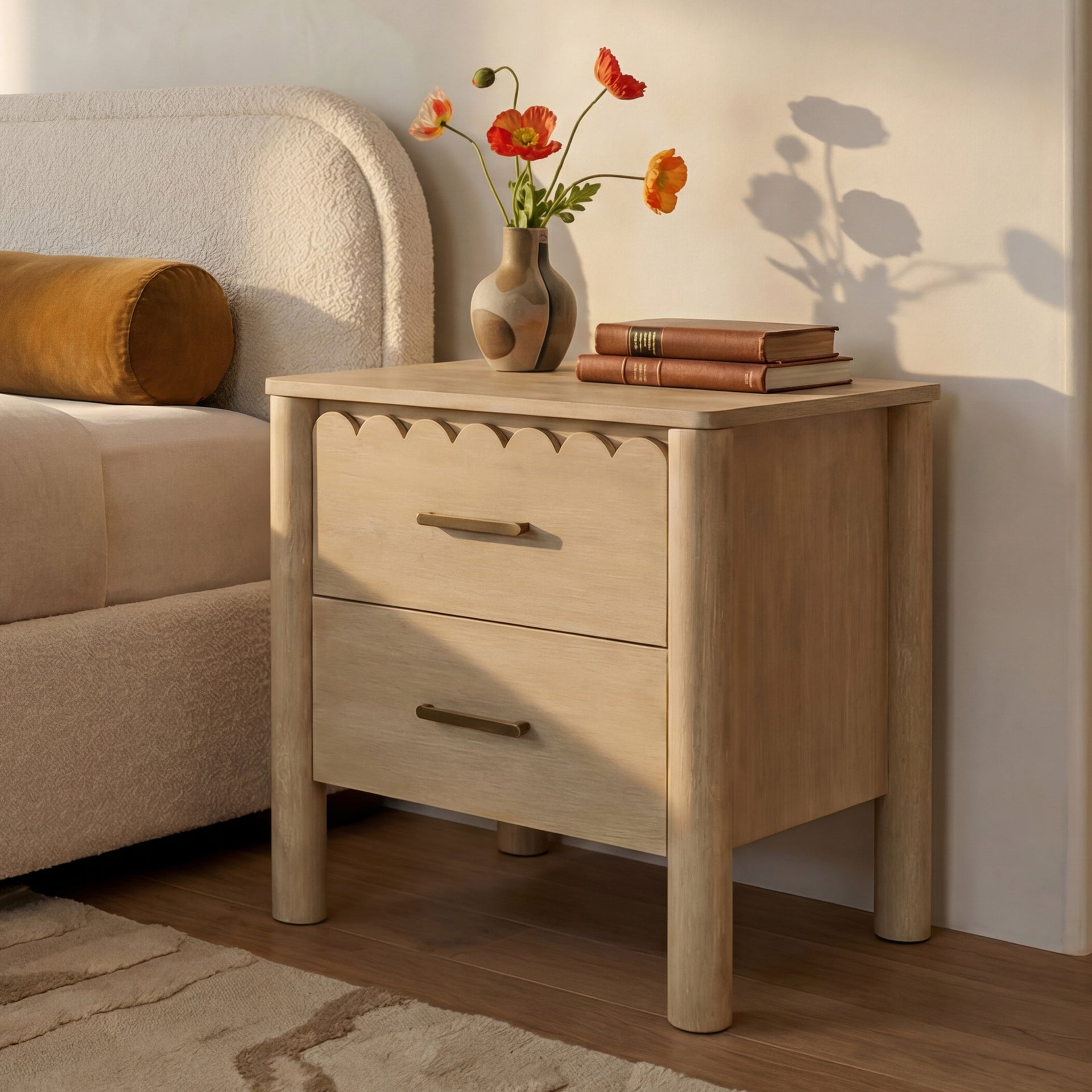 Thalen Nightstand, Solid Mango Wood, Scalloped Detailing, Round Legs, Iron Handles, Natural