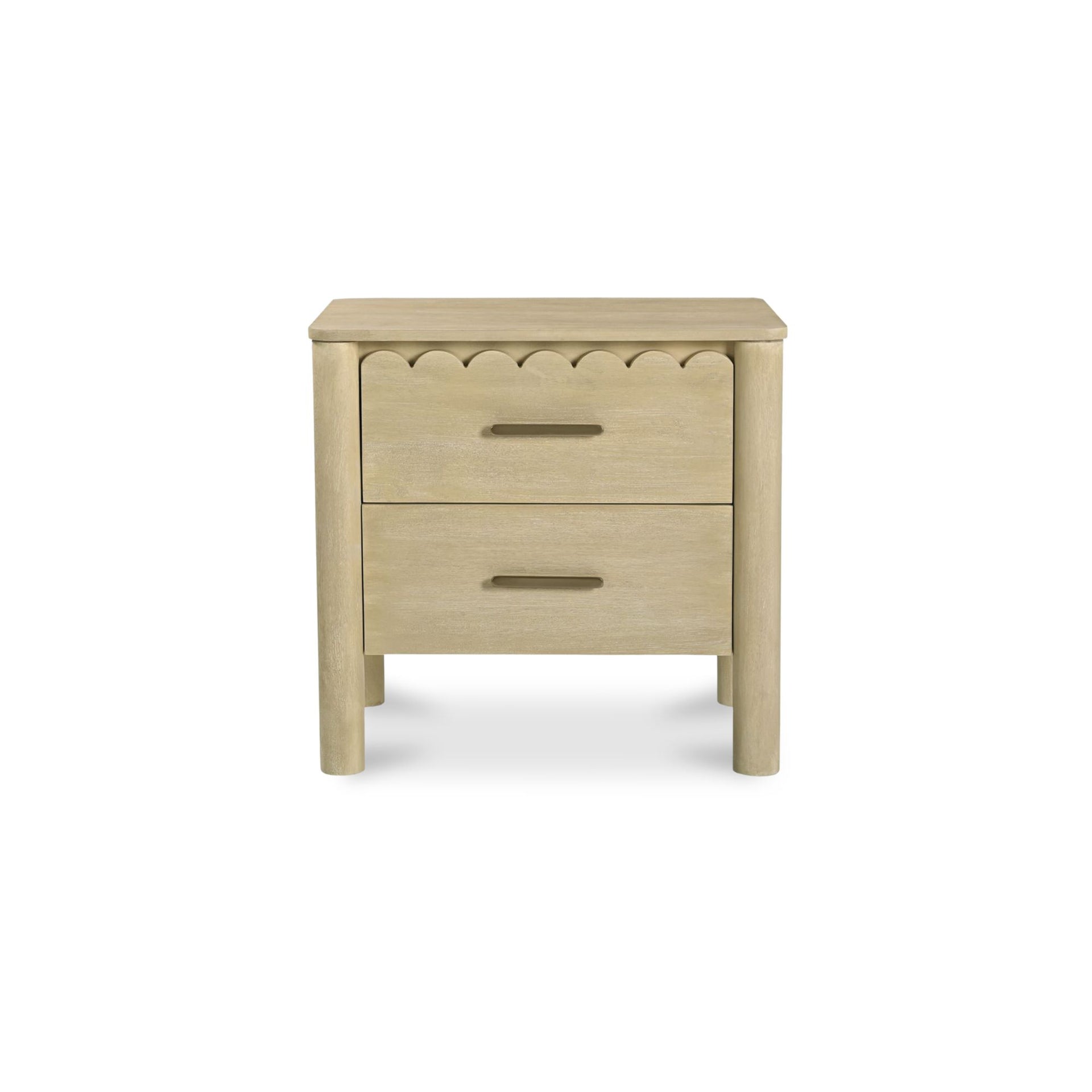 Thalen Nightstand, Solid Mango Wood, Scalloped Detailing, Round Legs, Iron Handles, Natural