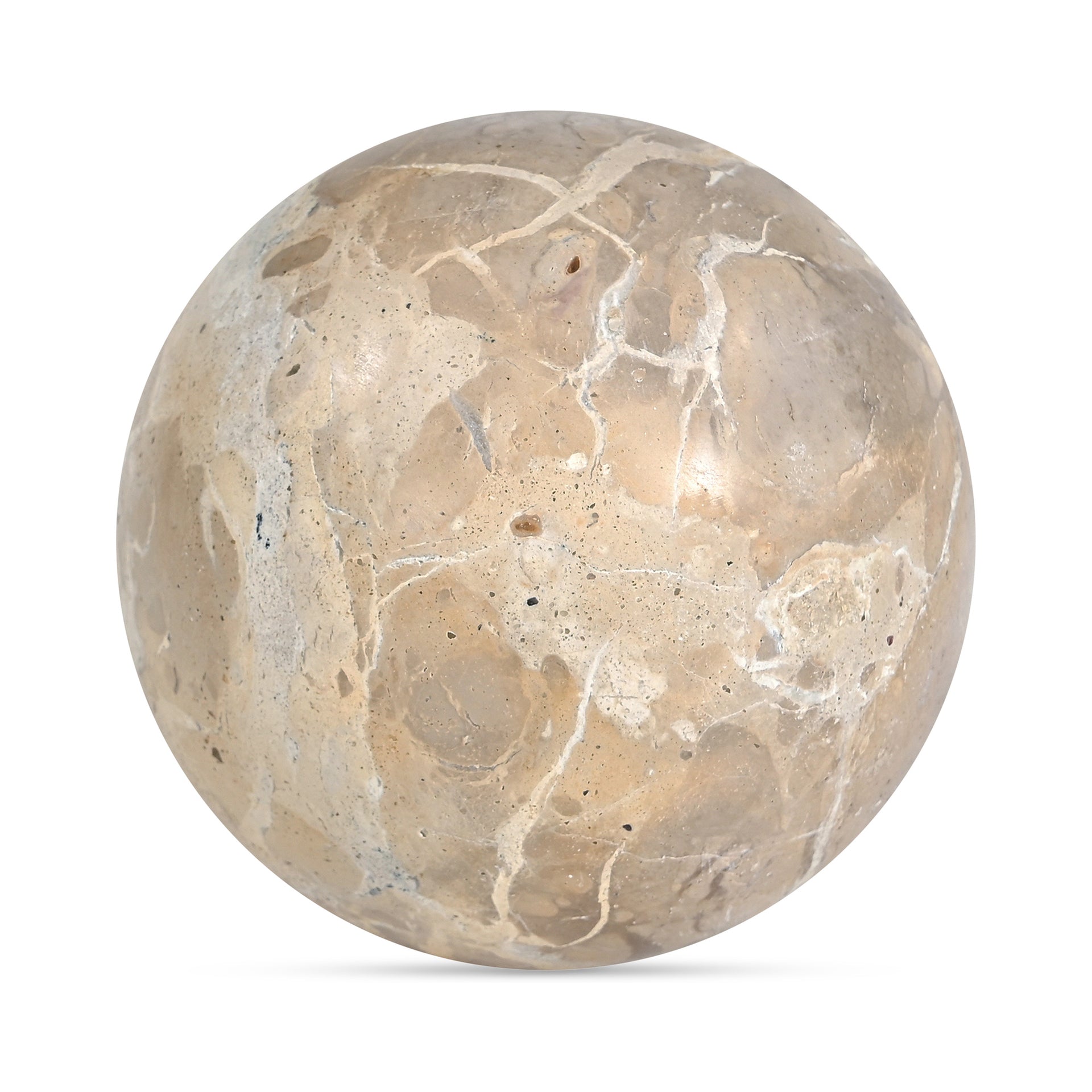 Landry Tabletop Accent, Round, Tendu Beige Marble, Polished Sphere, Felted Flat Base, Tendu Beige Marble