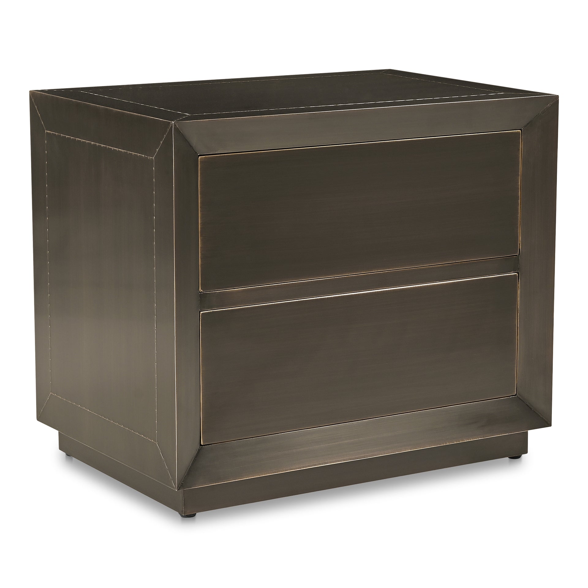Onyx Nightstand, Rectangular, Brass-Clad Metal and MDF, Patina Finish, Push-to-Open Drawers, Deep Bronze