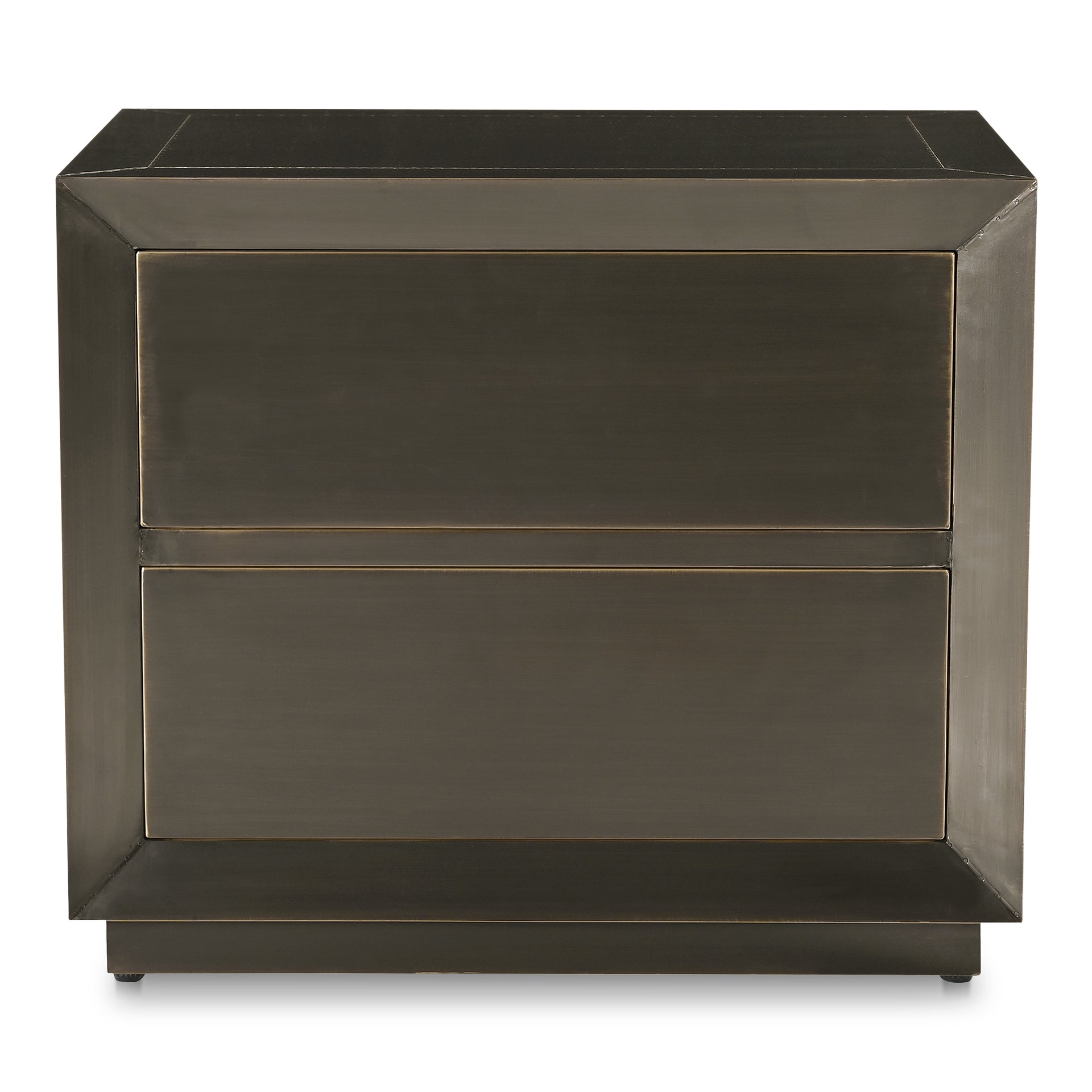 Onyx Nightstand, Rectangular, Brass-Clad Metal and MDF, Patina Finish, Push-to-Open Drawers, Deep Bronze