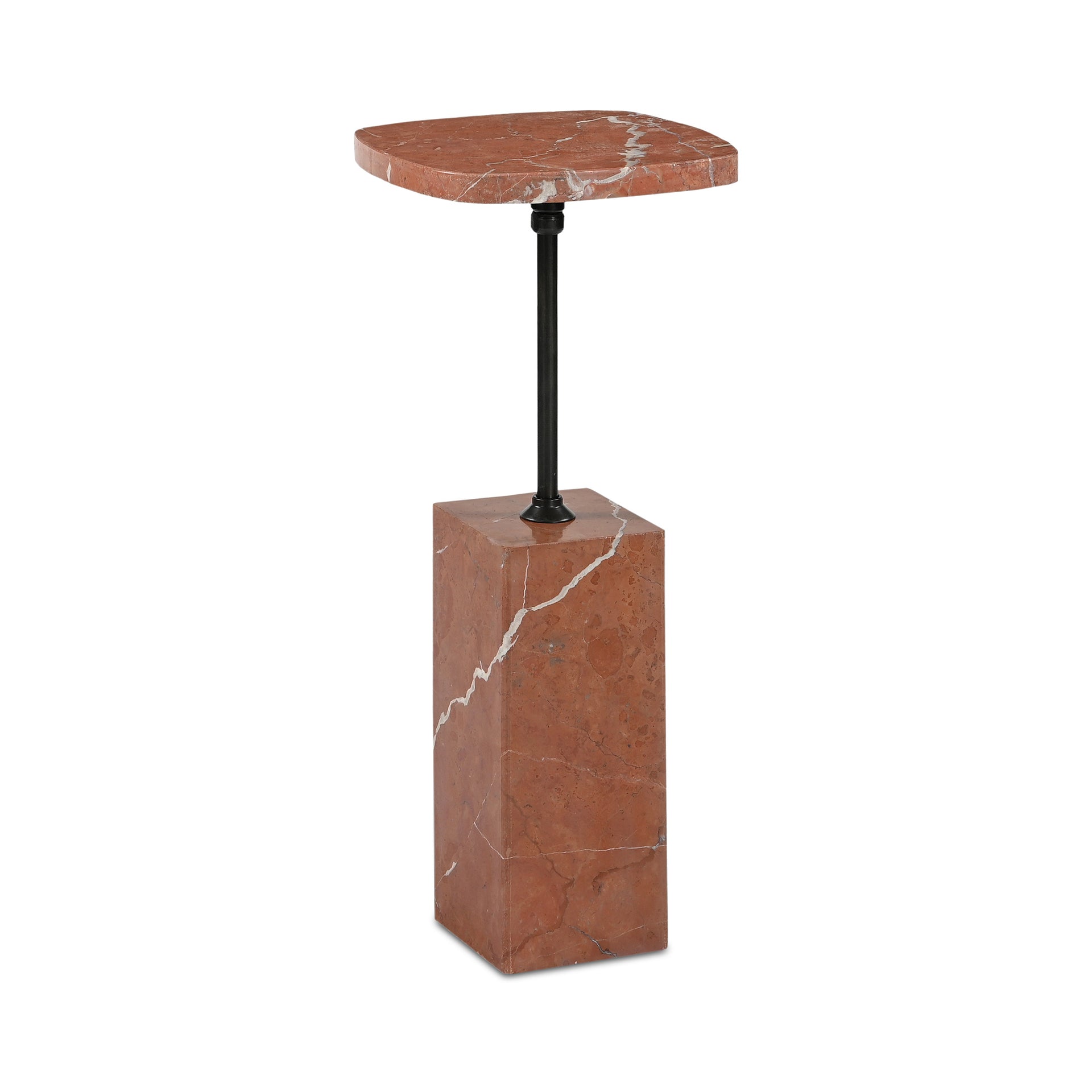 Cassidan Side Table, Square, Rosso Alicante Marble Top, Iron Base, Blackened Bronze Finish, Soft-Square Profile, Drink Table