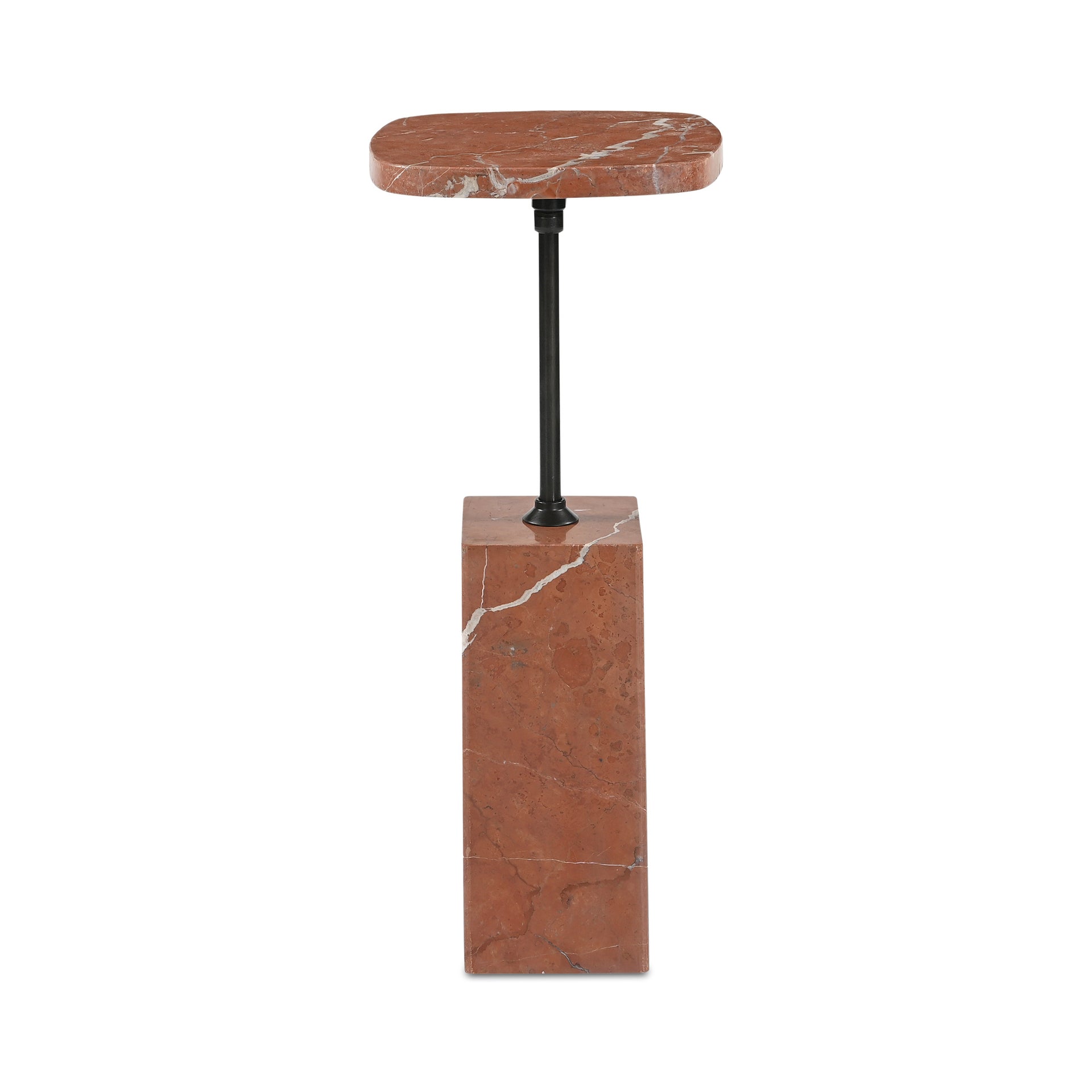Cassidan Side Table, Square, Rosso Alicante Marble Top, Iron Base, Blackened Bronze Finish, Soft-Square Profile, Drink Table
