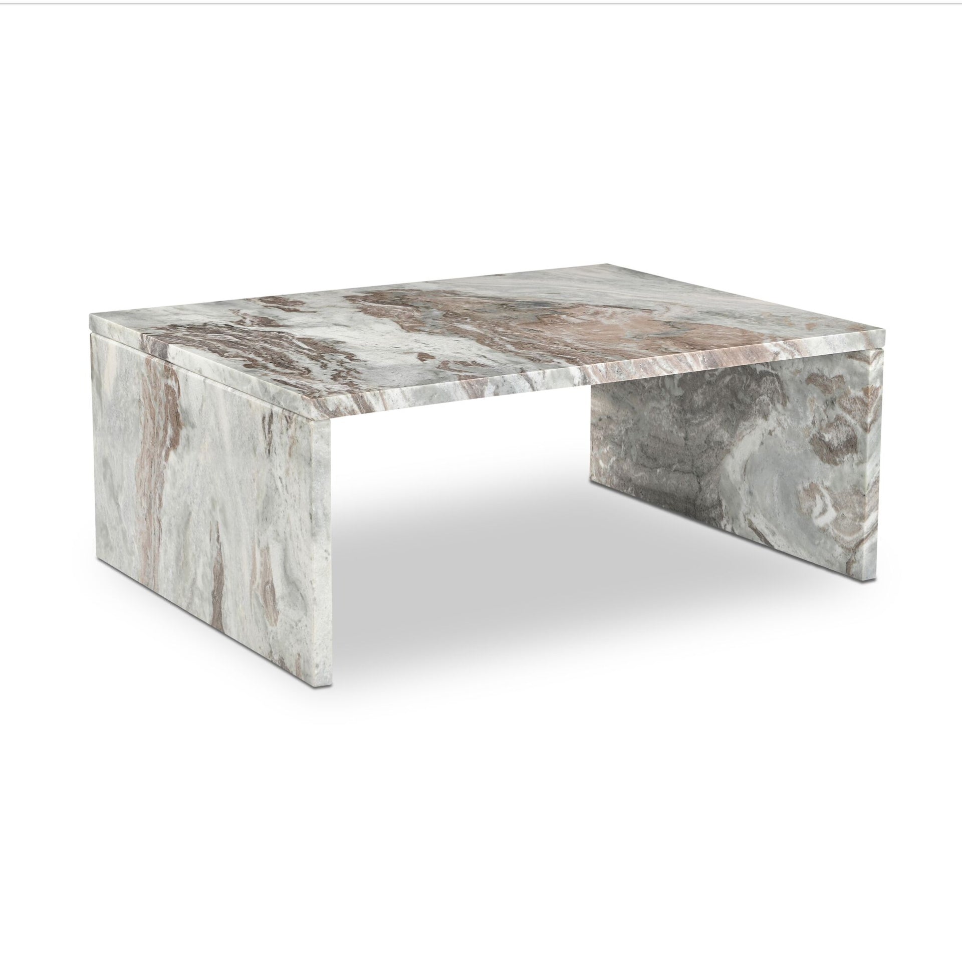 Nerida Coffee Table, Rectangular, Torrento Marble, Iron Hardware, Waterfall Profile, Open Base, Natural Veining