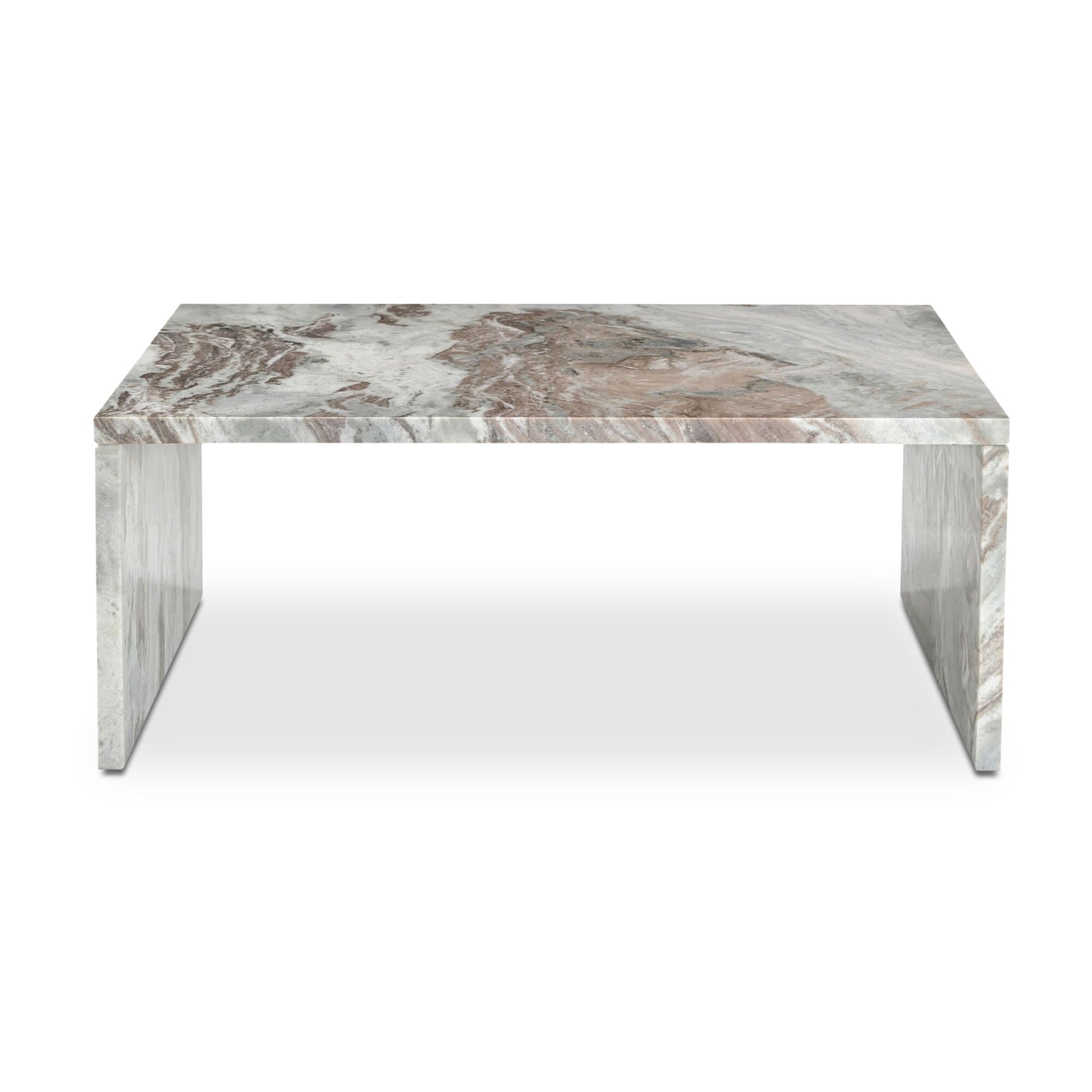Nerida Coffee Table, Rectangular, Torrento Marble, Iron Hardware, Waterfall Profile, Open Base, Natural Veining