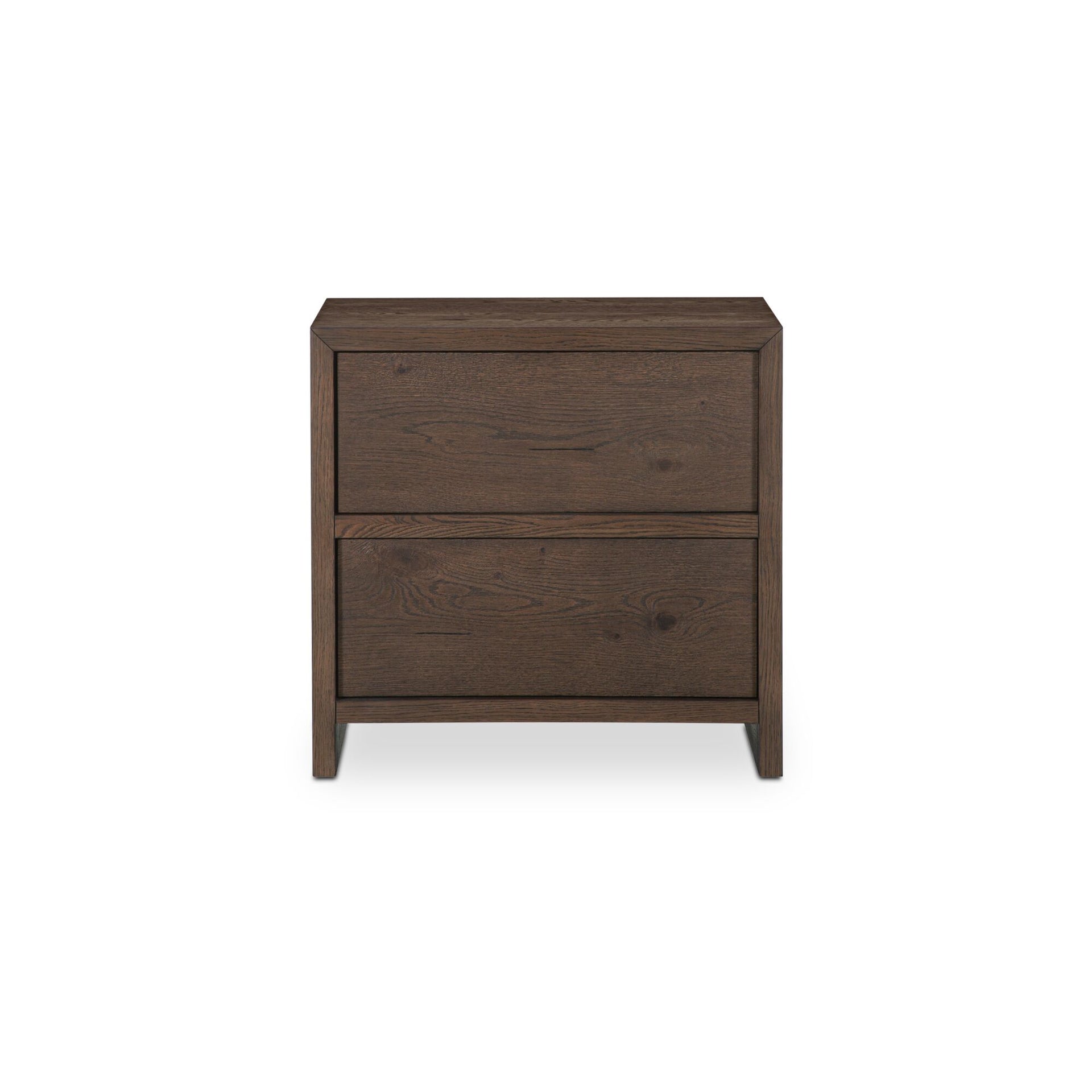 Norabel Nightstand, Squared Frame, Oak Veneer, Wirebrushed Finish, Push-to-Open Drawers, Brown