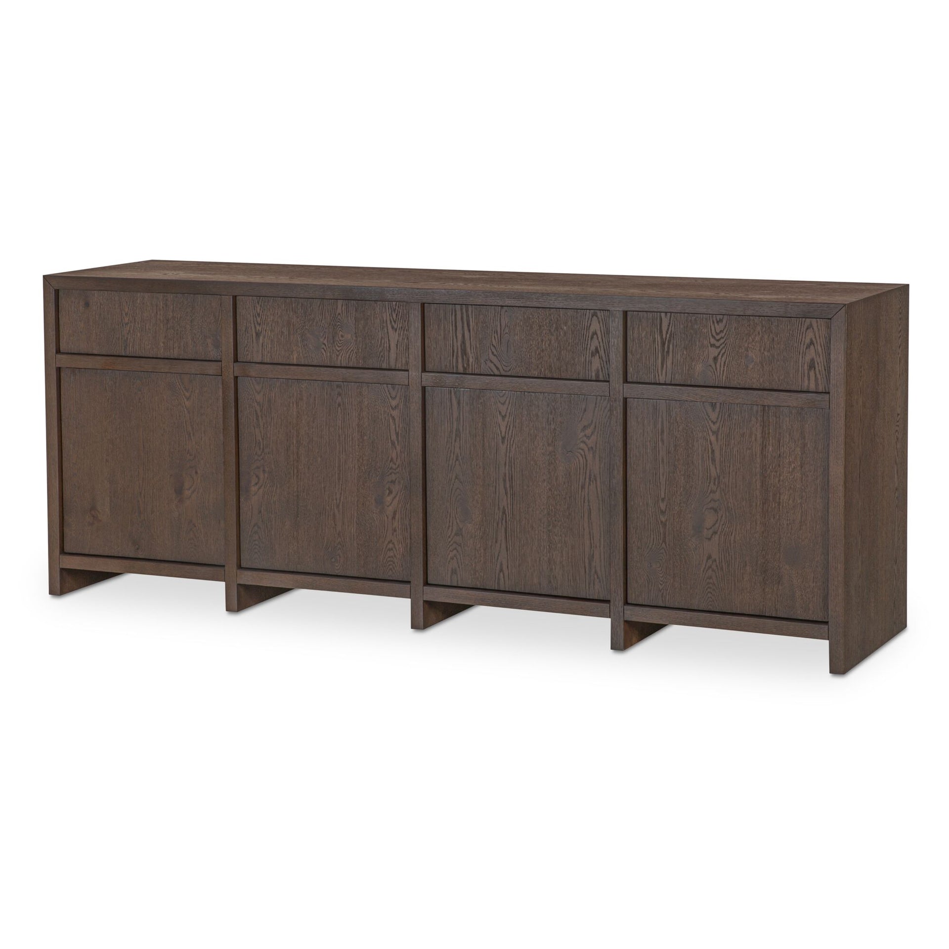 Norabel Sideboard, Oak Veneer, Wirebrushed Finish, Four Drawers, Push-to-Open Doors, Brown