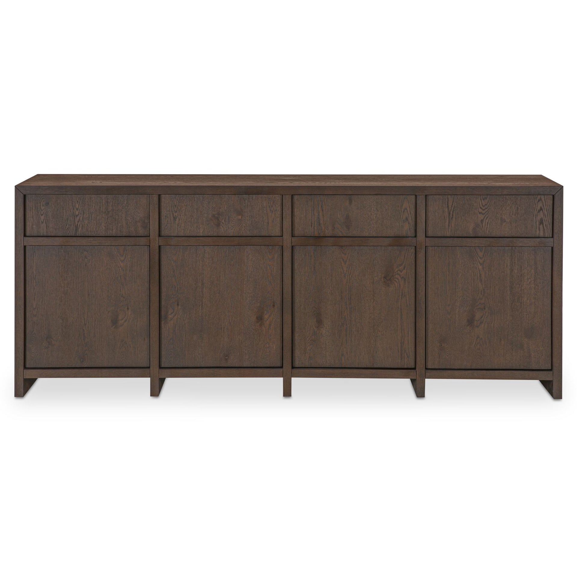 Norabel Sideboard, Oak Veneer, Wirebrushed Finish, Four Drawers, Push-to-Open Doors, Brown