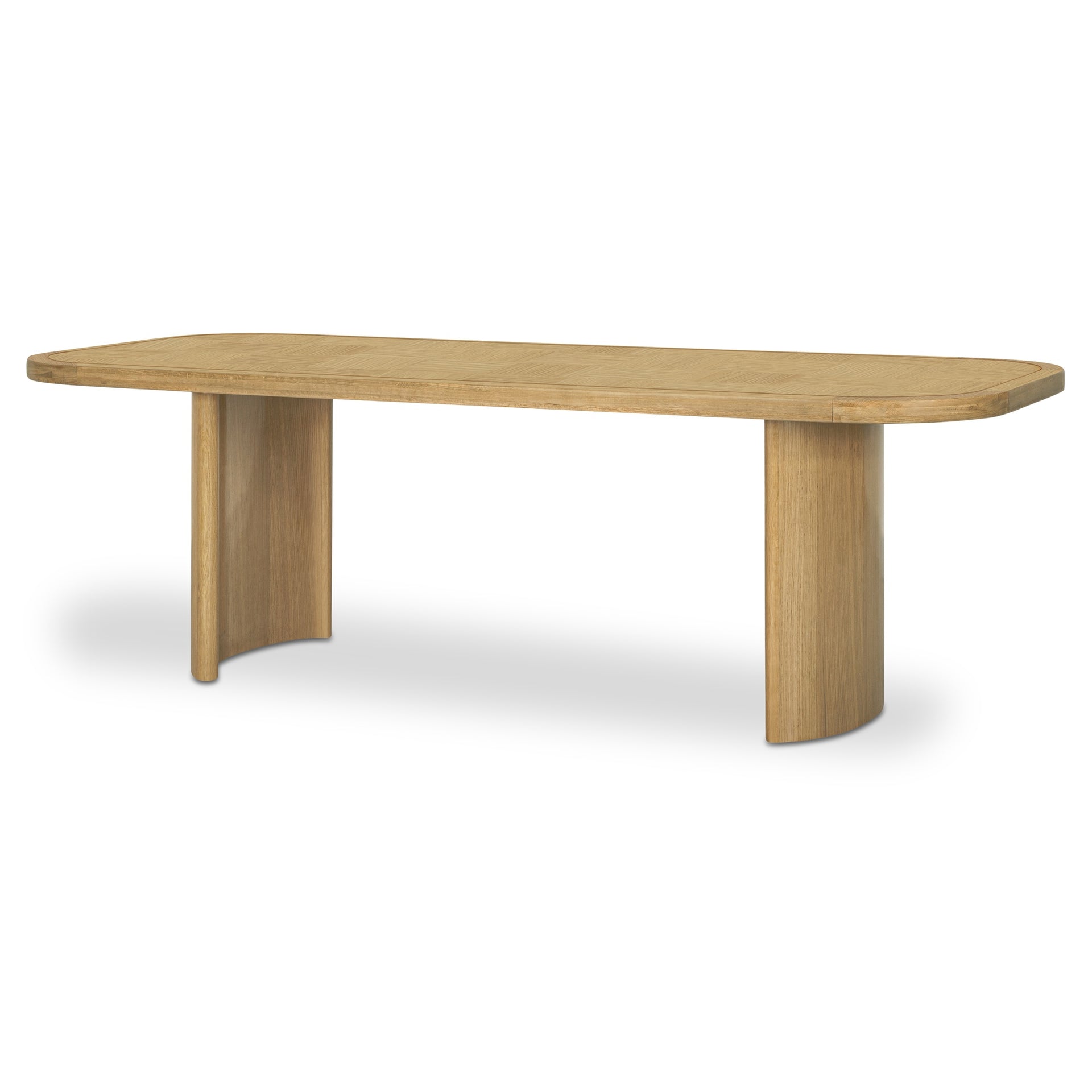Tamsen Dining Table, Marquetry Checkered Top, Solid Oak, Curved Pedestal Legs, Seats Eight, Natural